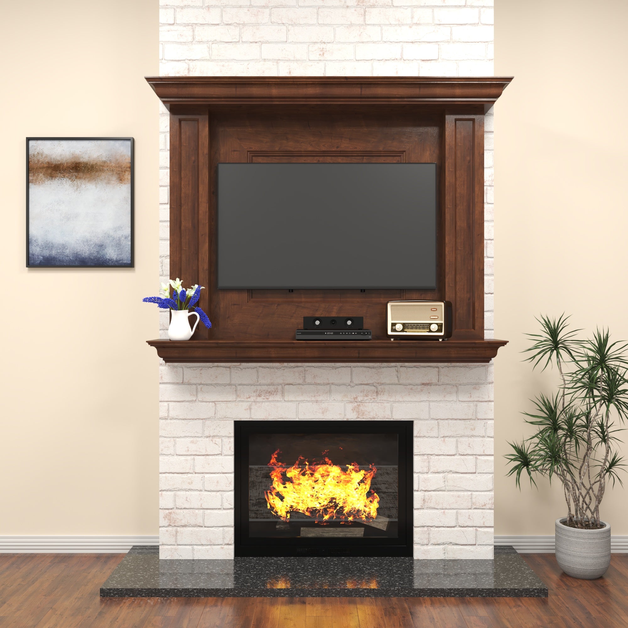 Fireplace Mantel TV Frame - Handcrafted Wooden Surround with Crown Moulding Tv stand