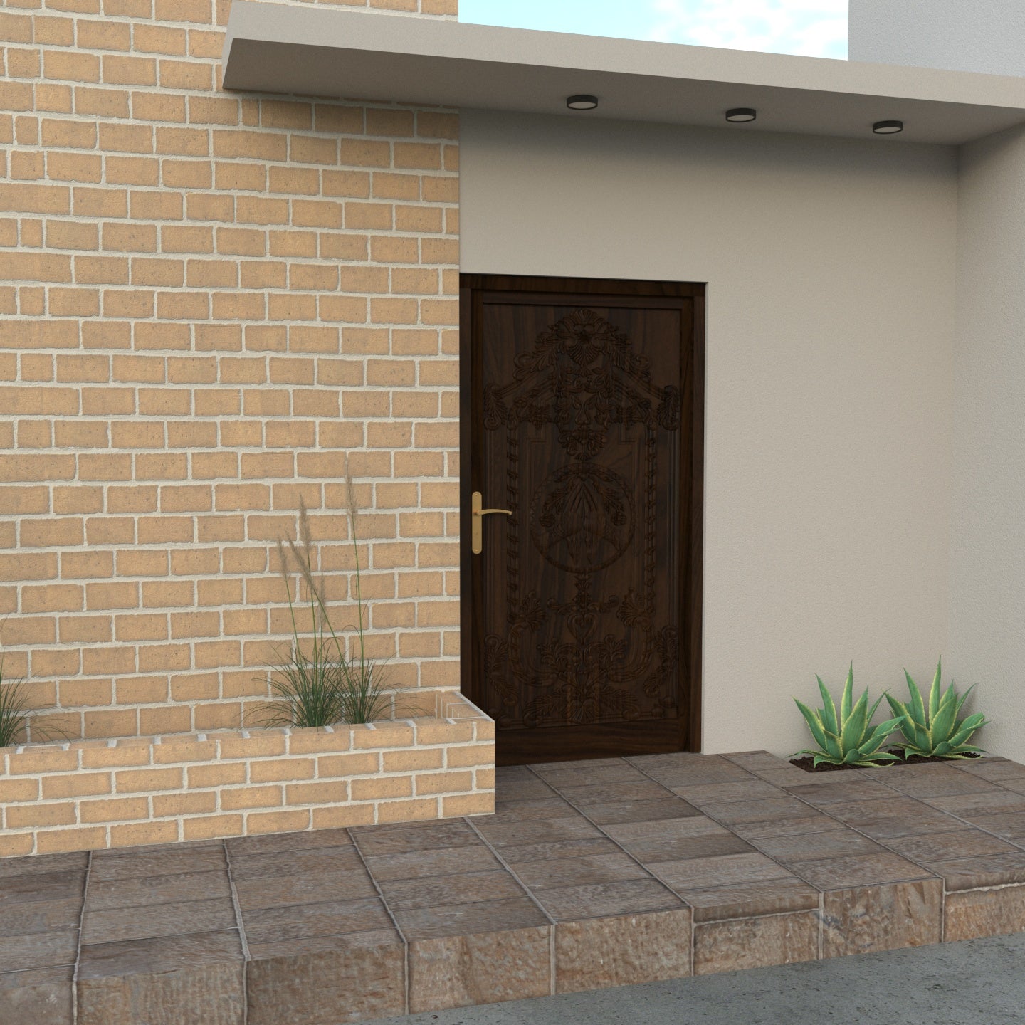 Solid Teak carved Namaste sign door with choukat Door