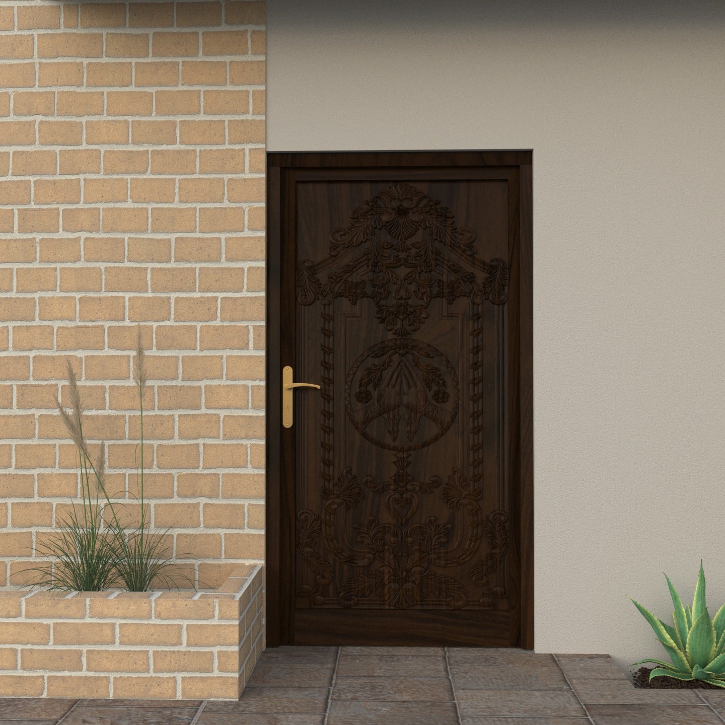Solid Teak carved Namaste sign door with choukat Door