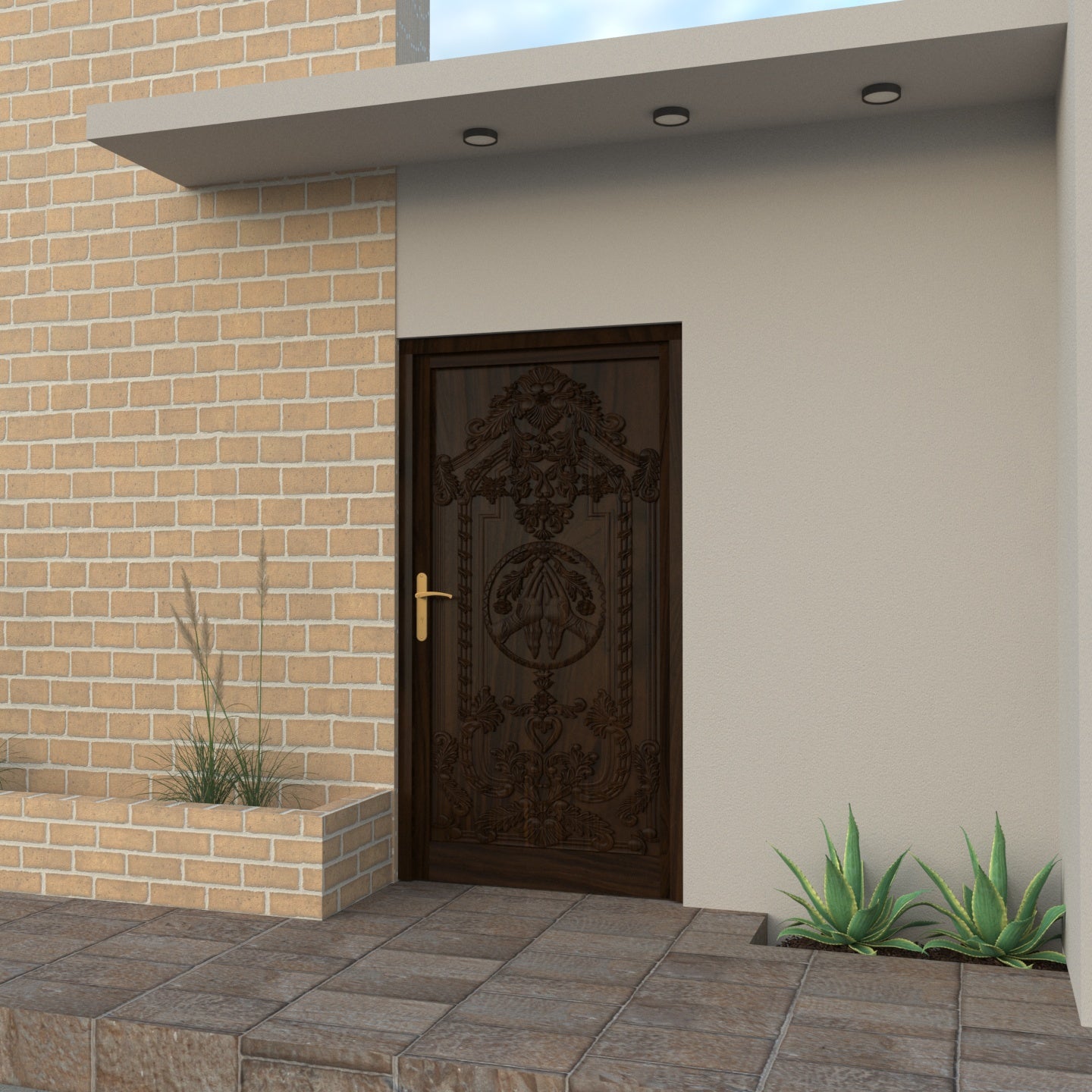 Solid Teak carved Namaste sign door with choukat Door