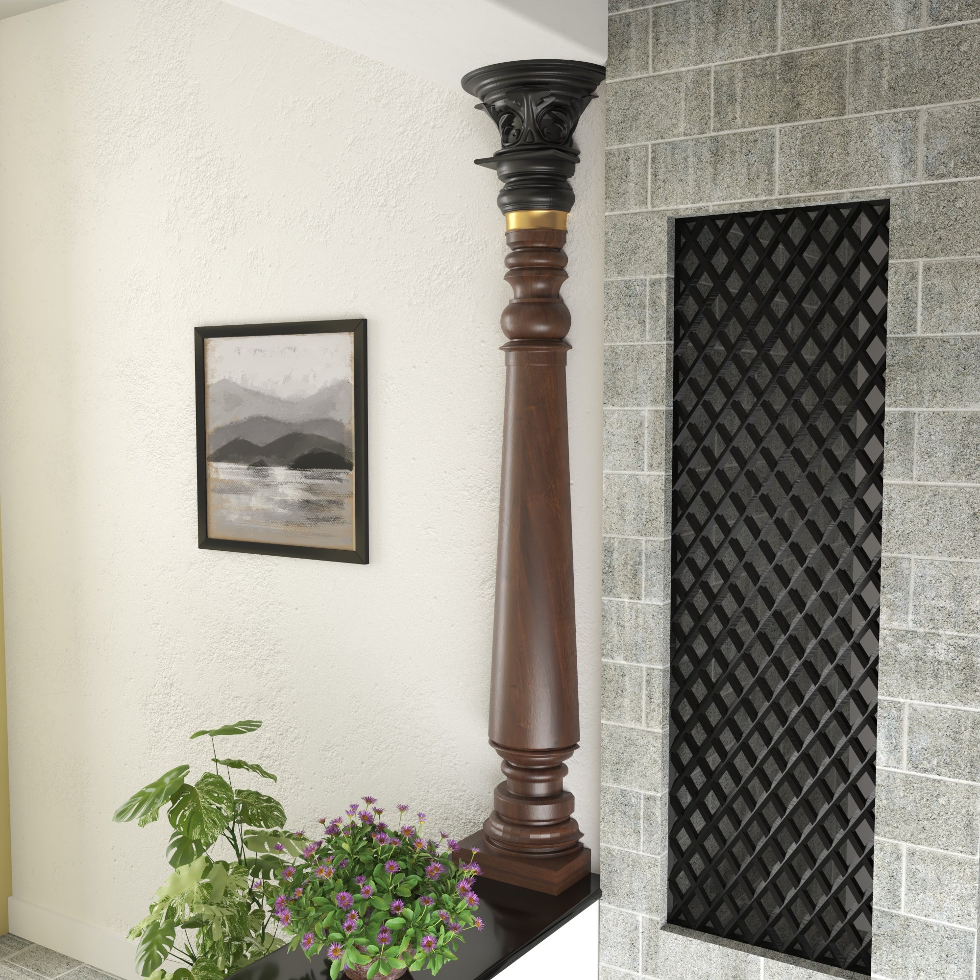Handcrafted Decorative Wooden Pillar - Turned Column with Carved Capital Pillar