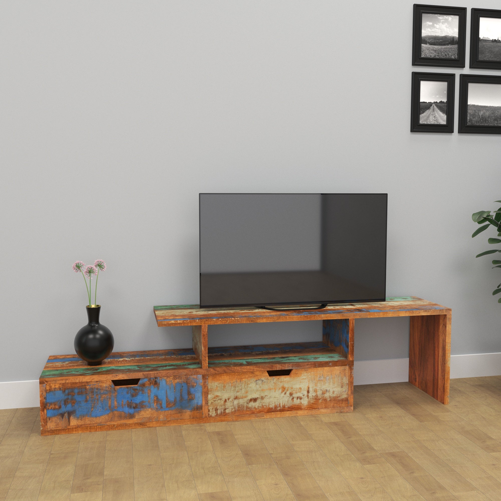 Colorful Reclaimed Wood TV Stand - Extendable Entertainment Unit Tv stand
