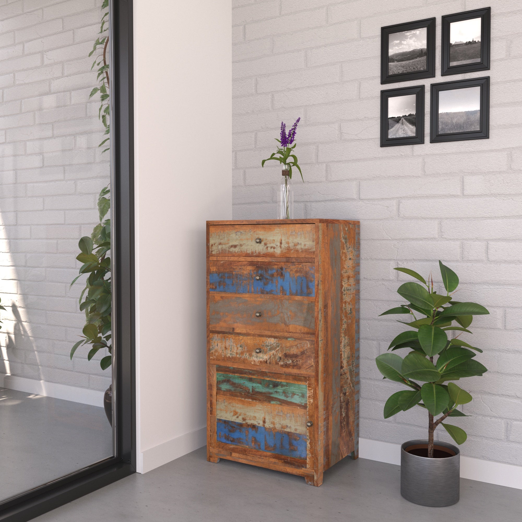 Colorful Reclaimed Wood Tall Cabinet - Vertical Storage Chest Drawer's Chest