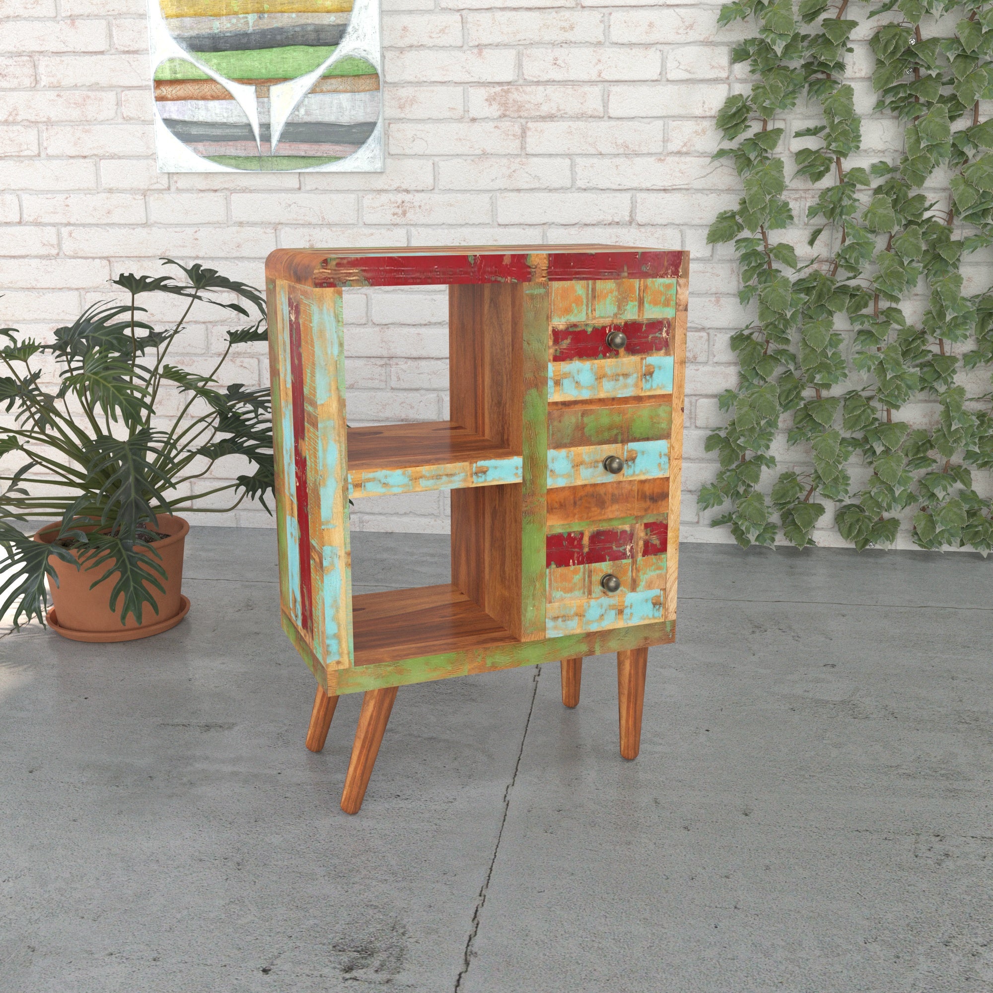 Colorful Reclaimed Wood Cabinet - Mid-Century Storage Unit Cupboard