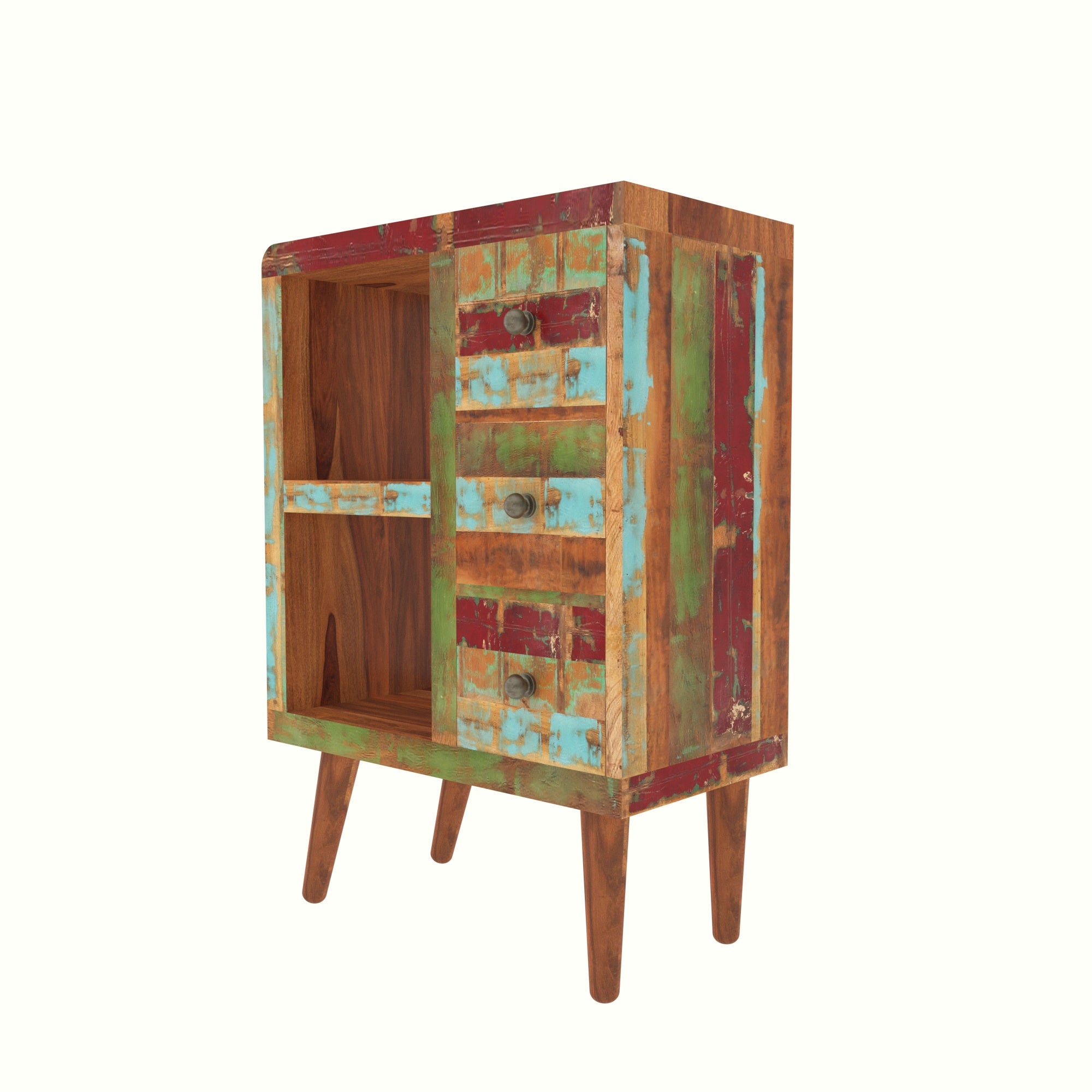 Colorful Reclaimed Wood Cabinet - Mid-Century Storage Unit Cupboard