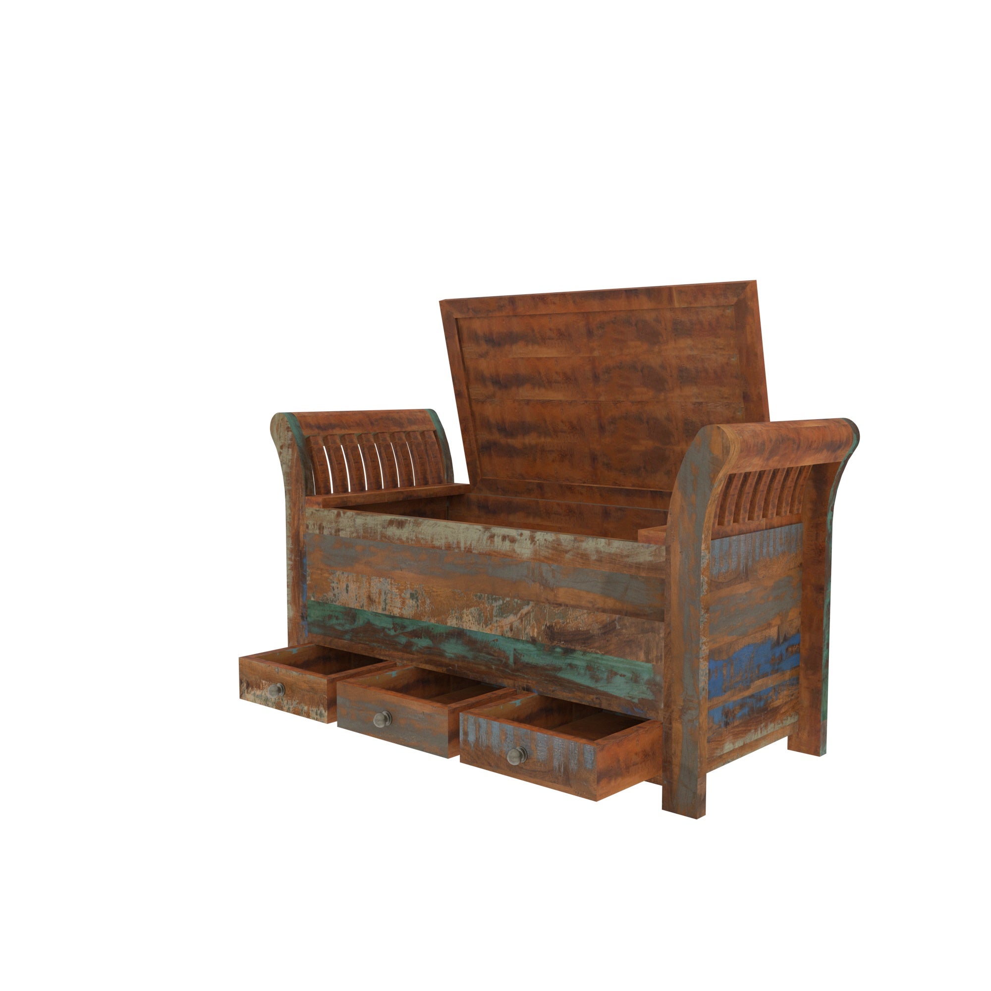 Colorful Reclaimed Wood Storage Bench - Sleigh Style Entryway Seat Bench