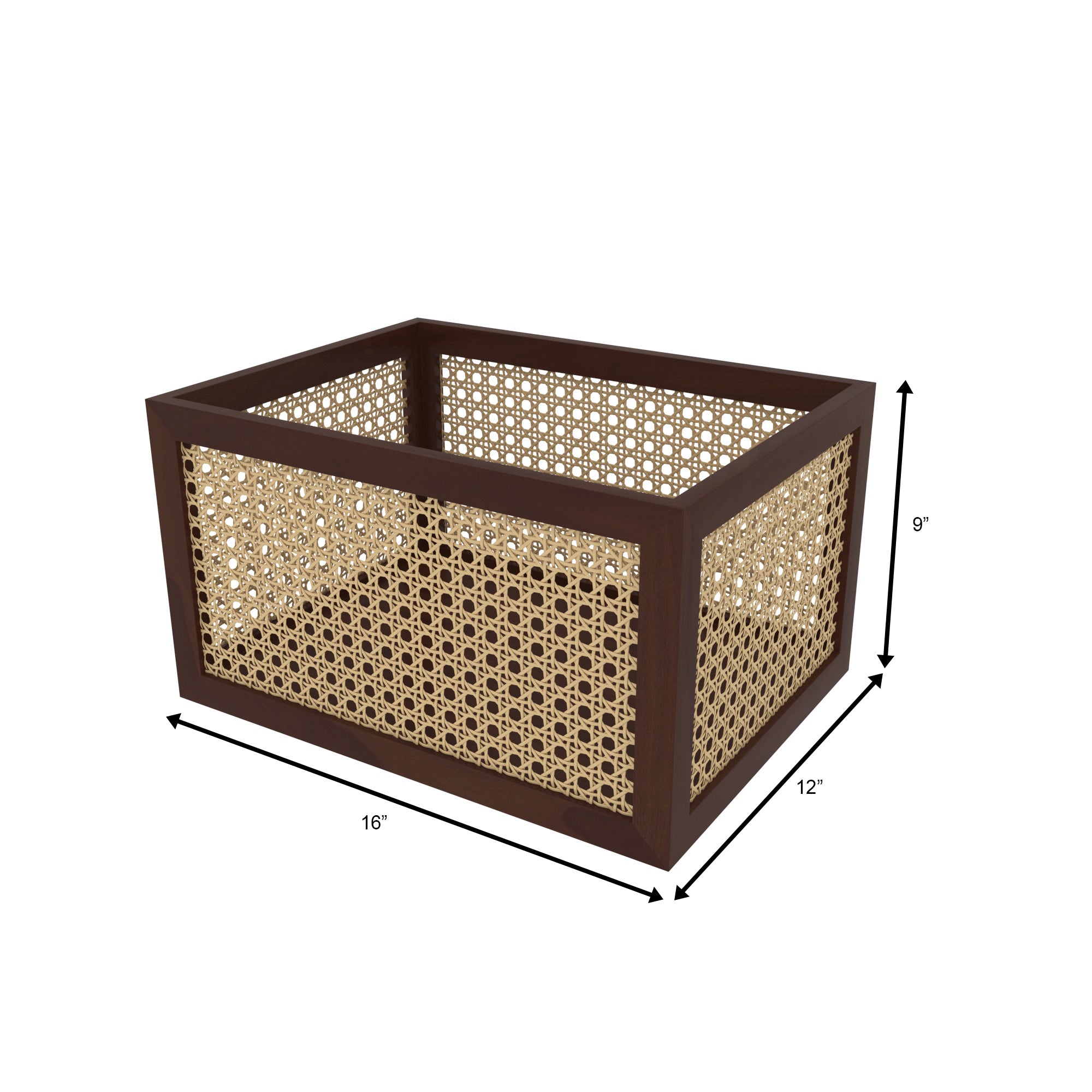 Large Brown Cane Storage Basket - Spacious Organizer with Natural Rattan Webbing Wooden Box