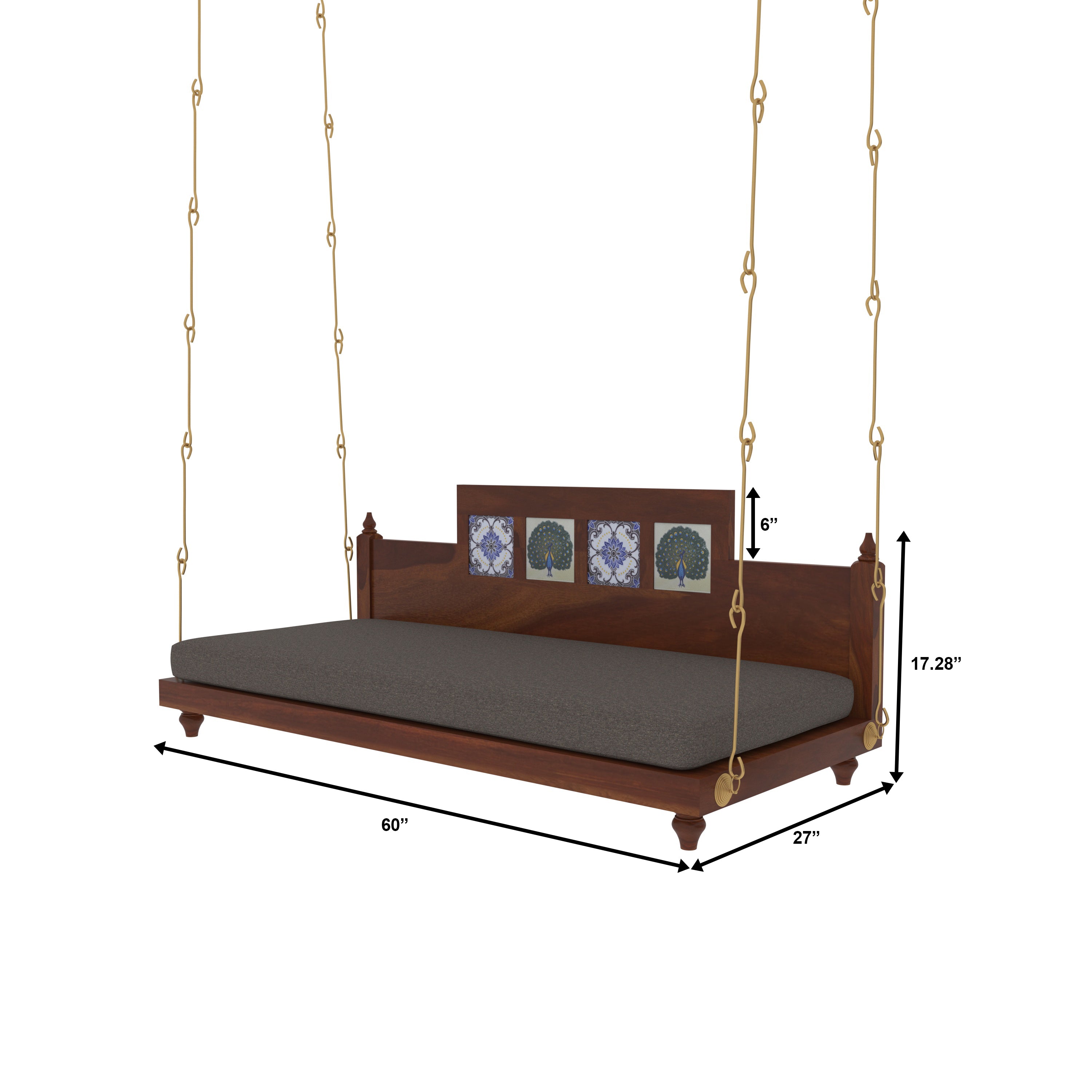 Artistic Wooden Swing with Hand-Painted Peacock Tiles – Balcony Jhula with Cushioned Seating Swing
