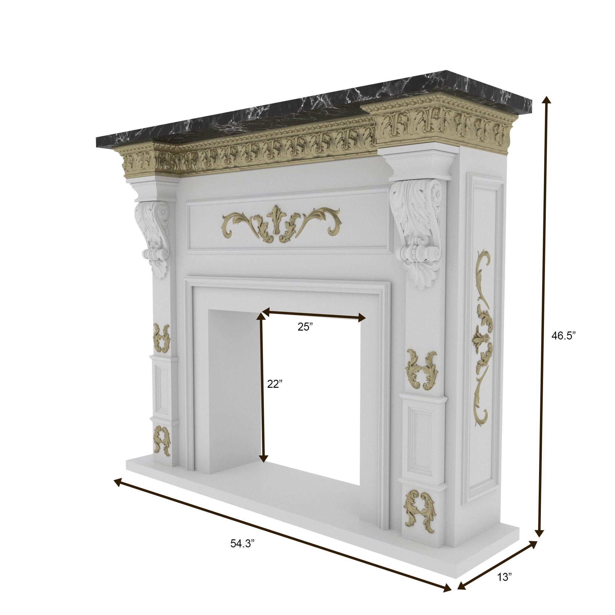 Ornate Fireplace Mantel with Hand-Carved Details and Dark Contrasting Top Fire Mantel