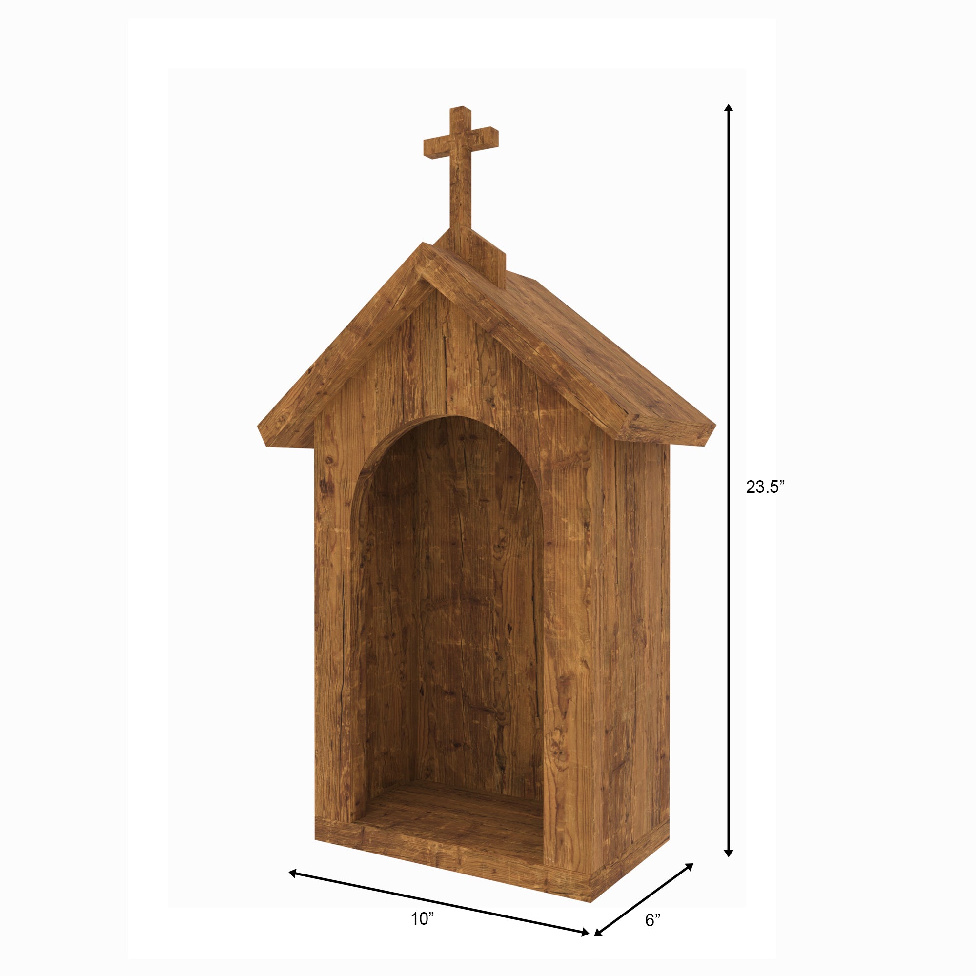 Handcrafted Rustic Wooden Chapel Shrine with Arched Niche & Cross Altar