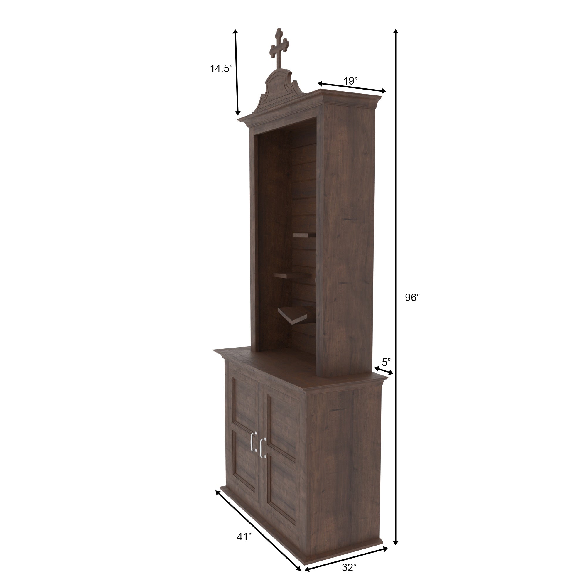 Wooden Freestanding Altar with Scrolled Pediment, Open Display Hutch & Storage Cabinet Altar