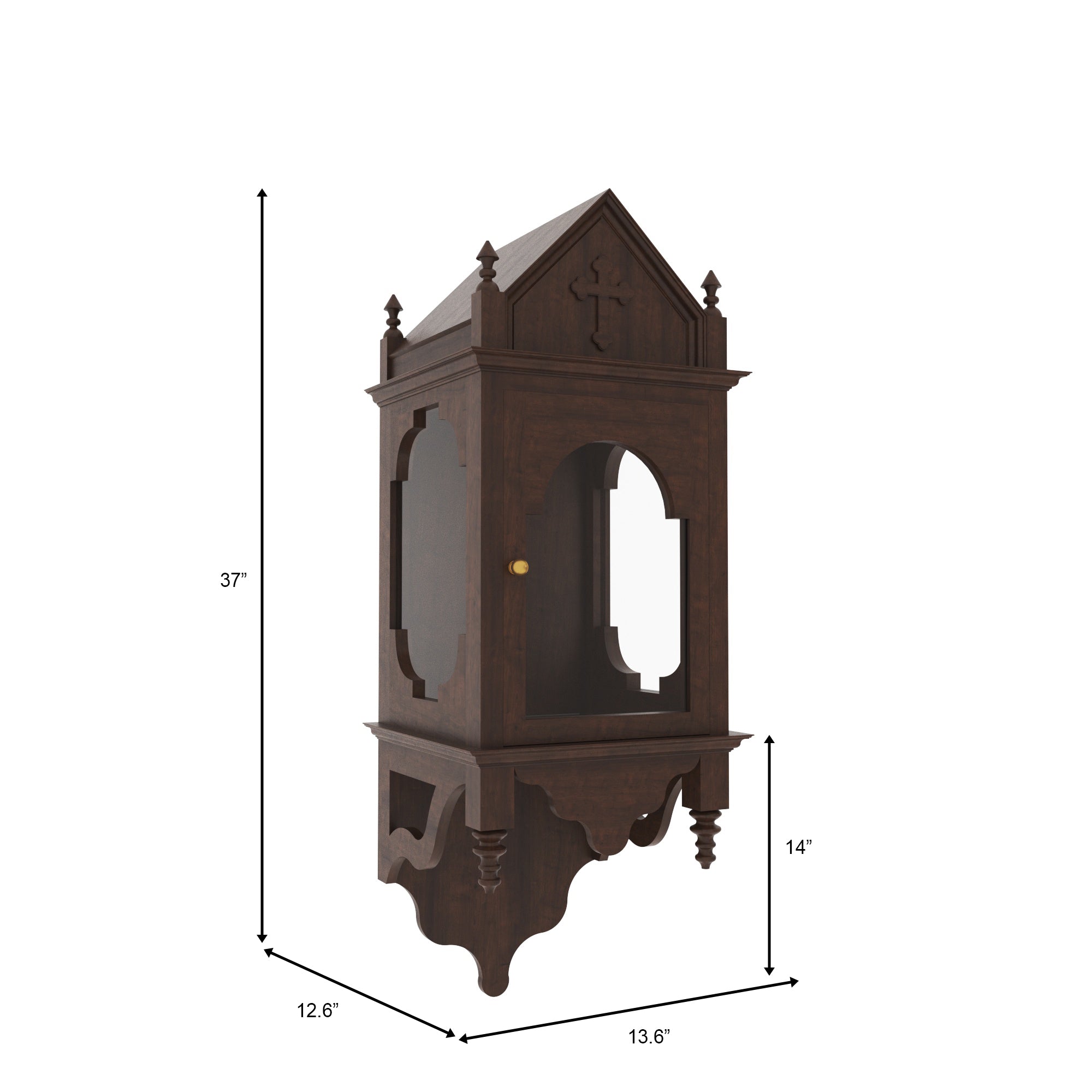 Handcrafted Gothic Wall-Mounted Altar Cabinet with Glass Panels & Cross Altar