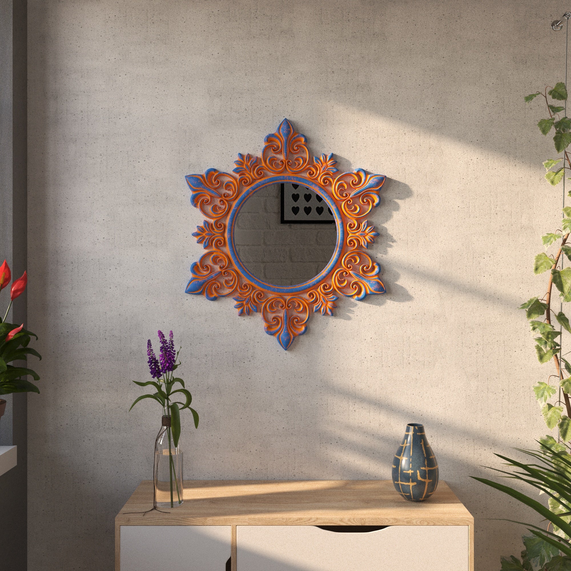 Decorative Sunburst Wall Mirror with Ornate Scrollwork Design Mirror