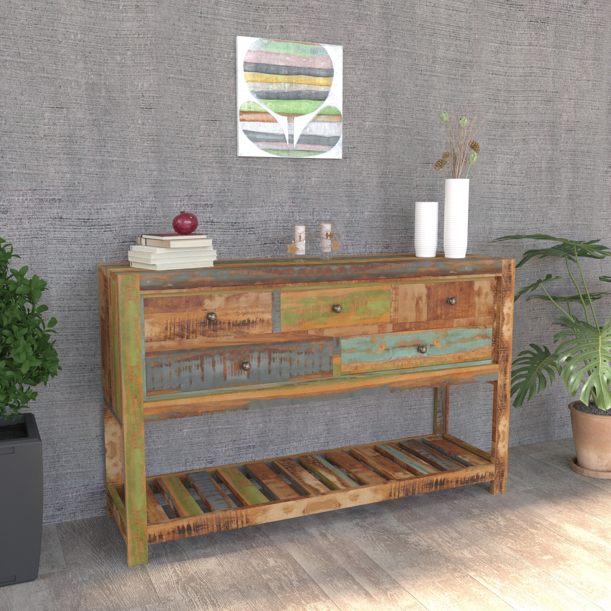 Colorful Reclaimed Wood Console Table - Rustic Entryway Storage Cupboard