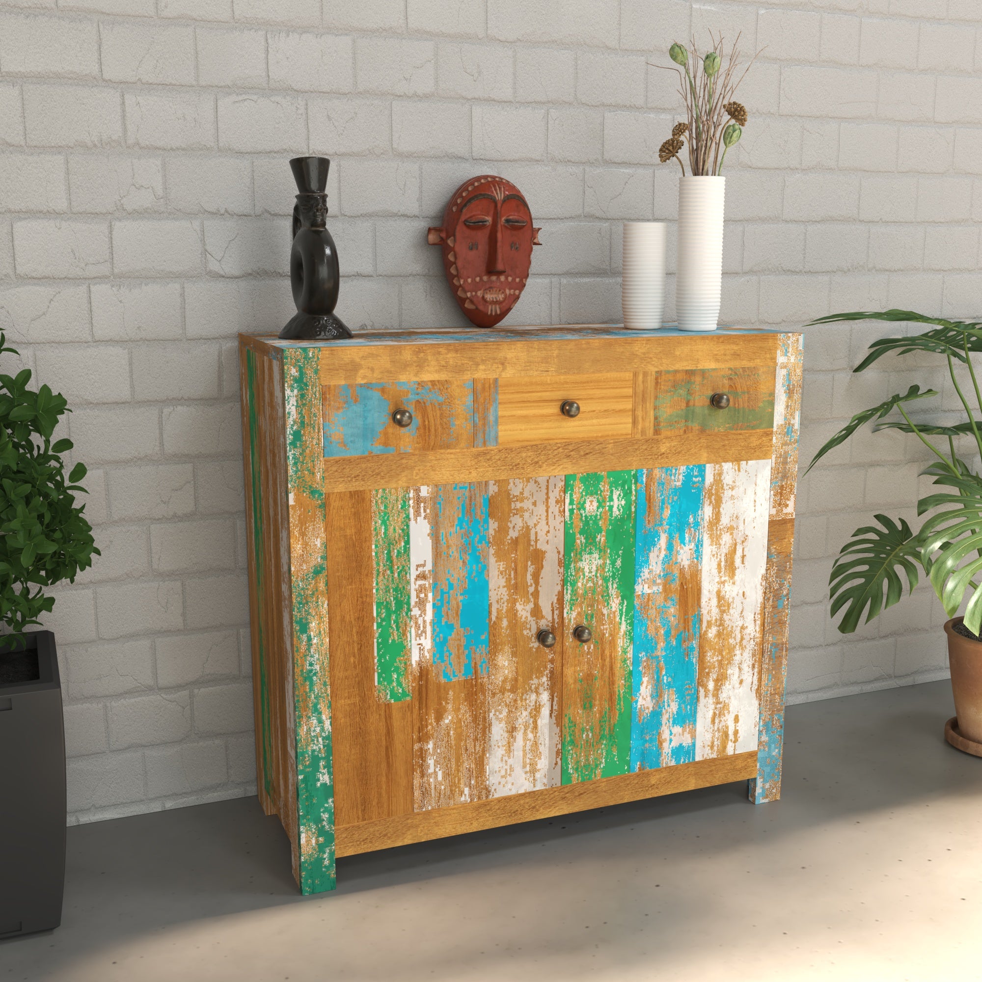 Colorful Reclaimed Wood Sideboard - Rustic Storage Cabinet Cupboard