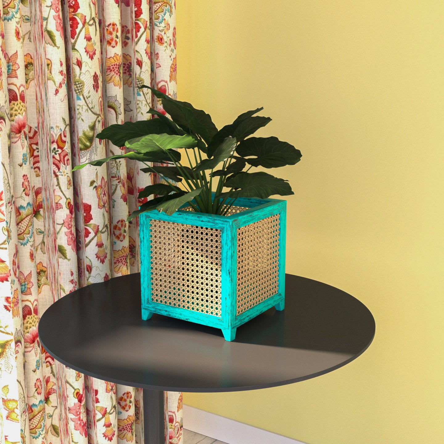 Premium Style Blue Distress Soft Cane Wooden Flowerpot for Home Vase