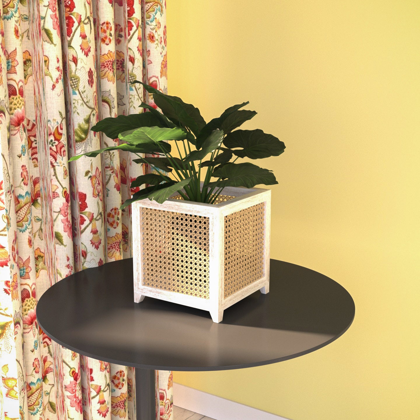 Premium Style White Distress Soft Cane Wooden Flowerpot for Home Vase