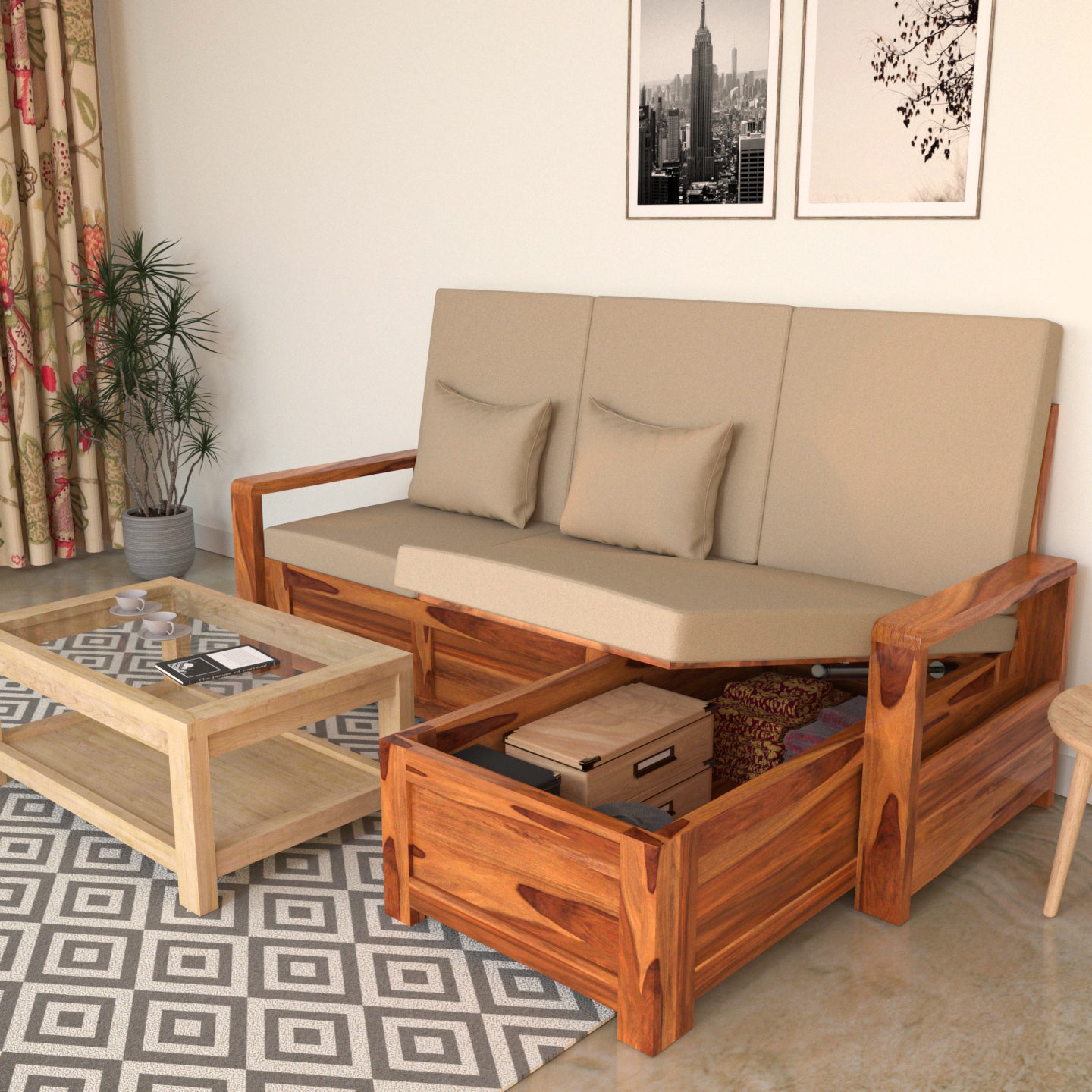 Tan Cream White Wooden Four Seater Sofa with Storage Sofa