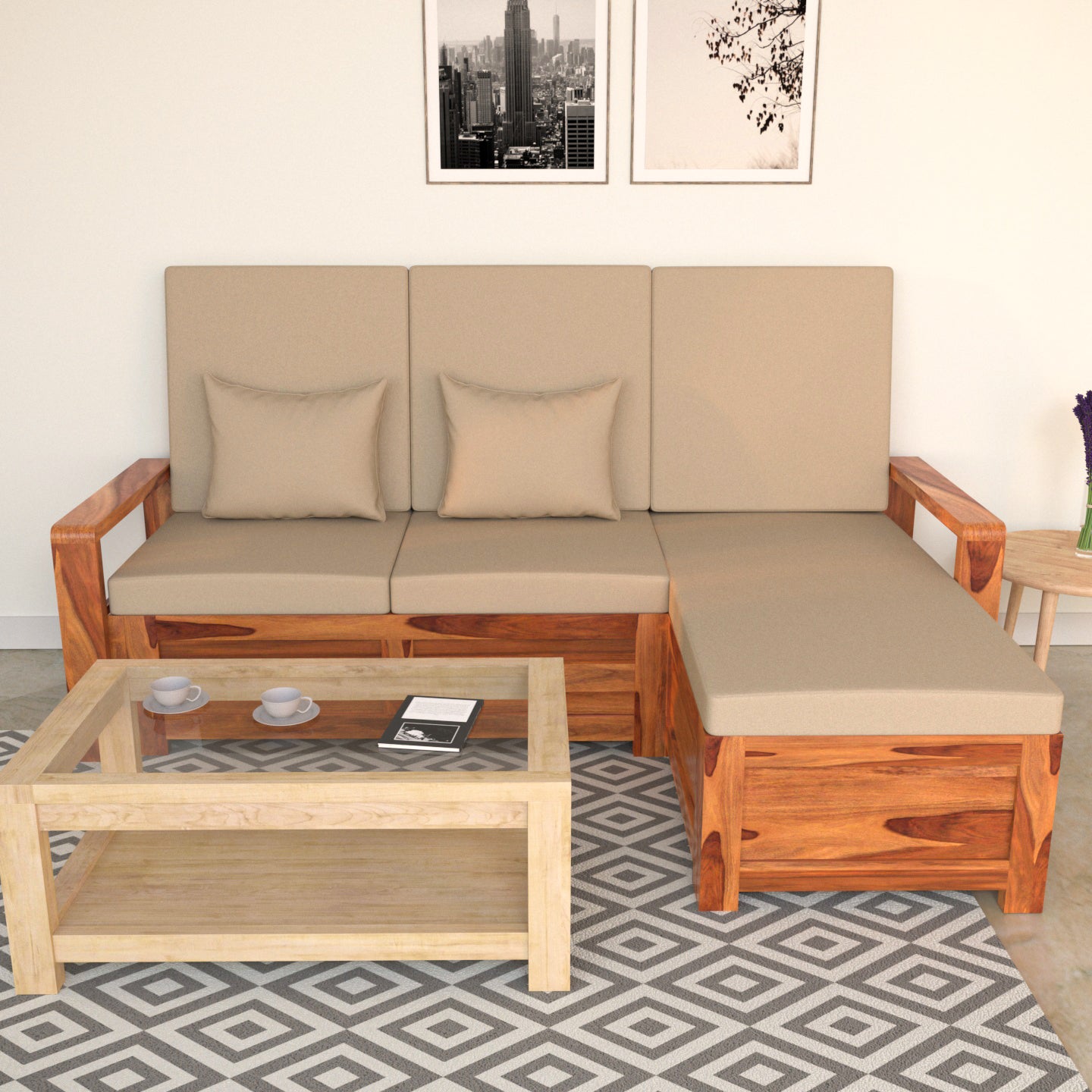 Tan Cream White Wooden Four Seater Sofa with Storage Sofa