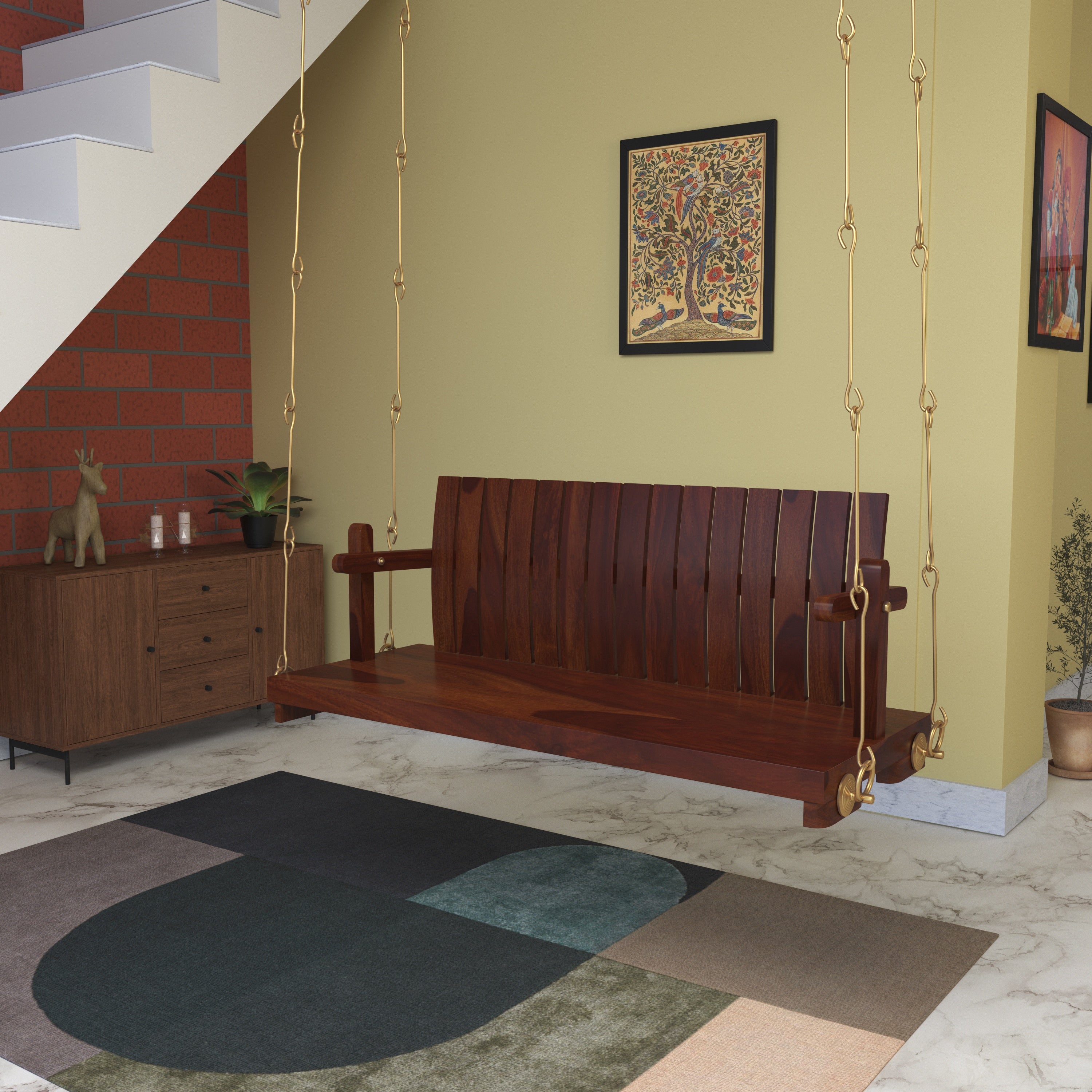 Elegant Wooden Swing Under Staircase with Traditional Decor Accents Swing