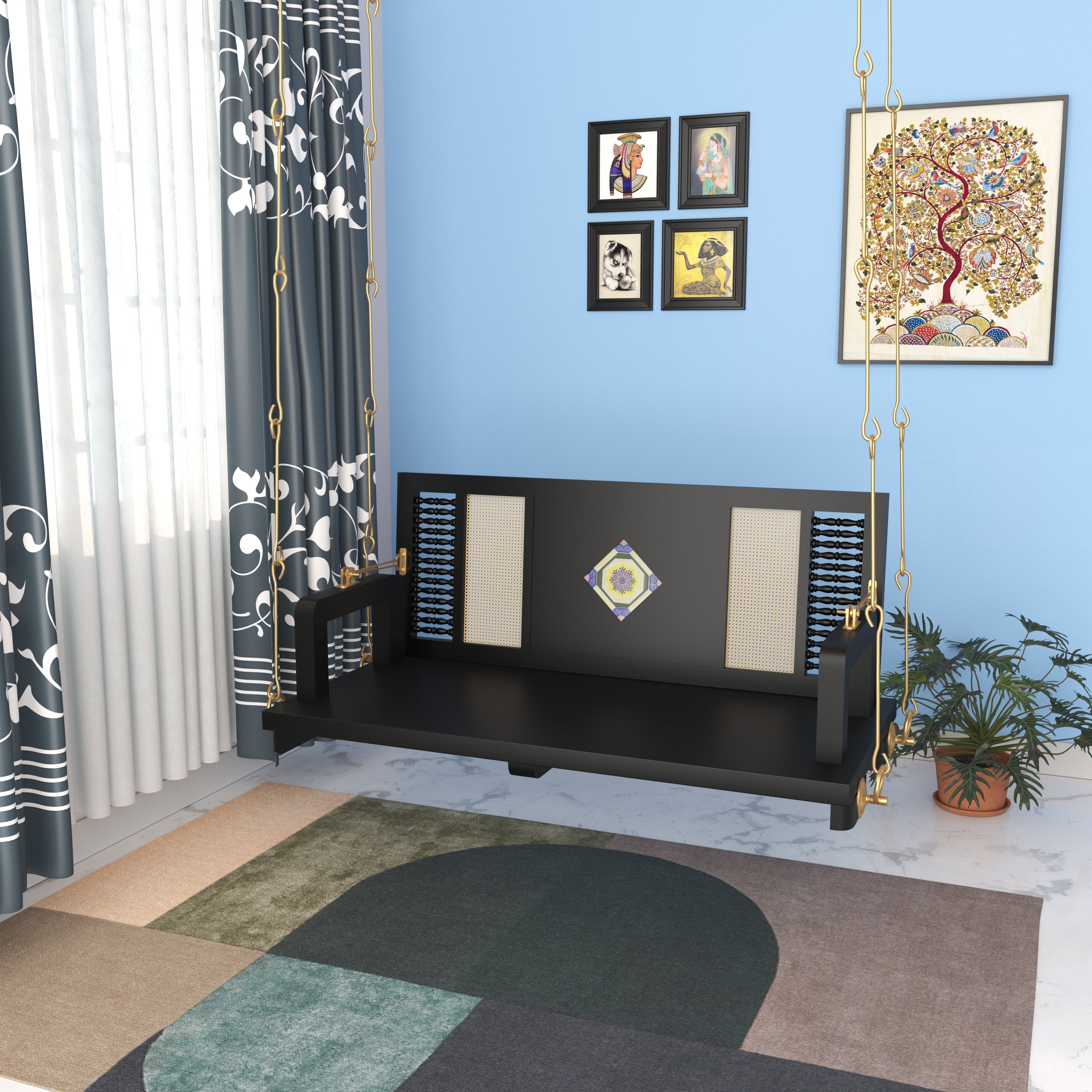 Contemporary Black Wooden Swing with Artistic Tile Inlay and Woven Panels – Indoor Jhula for Modern Homes Swing