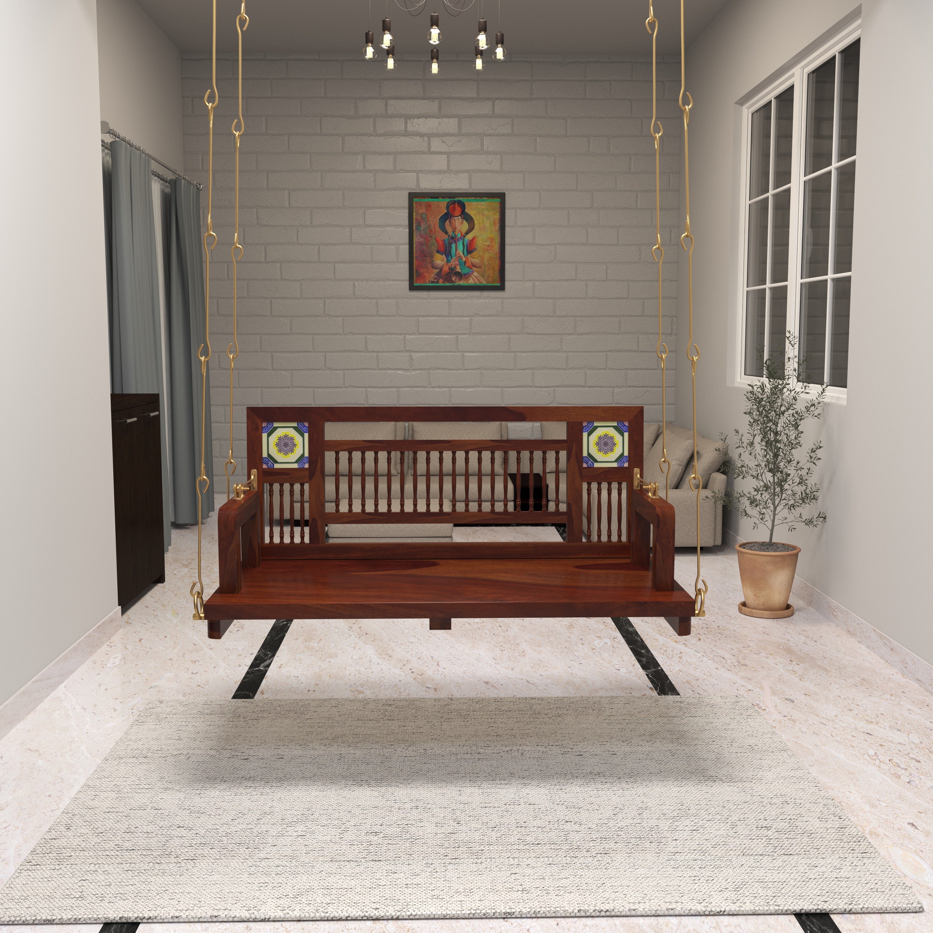 Traditional Wooden Swing with Ceramic Tile Inlays in Contemporary Living Room Swing
