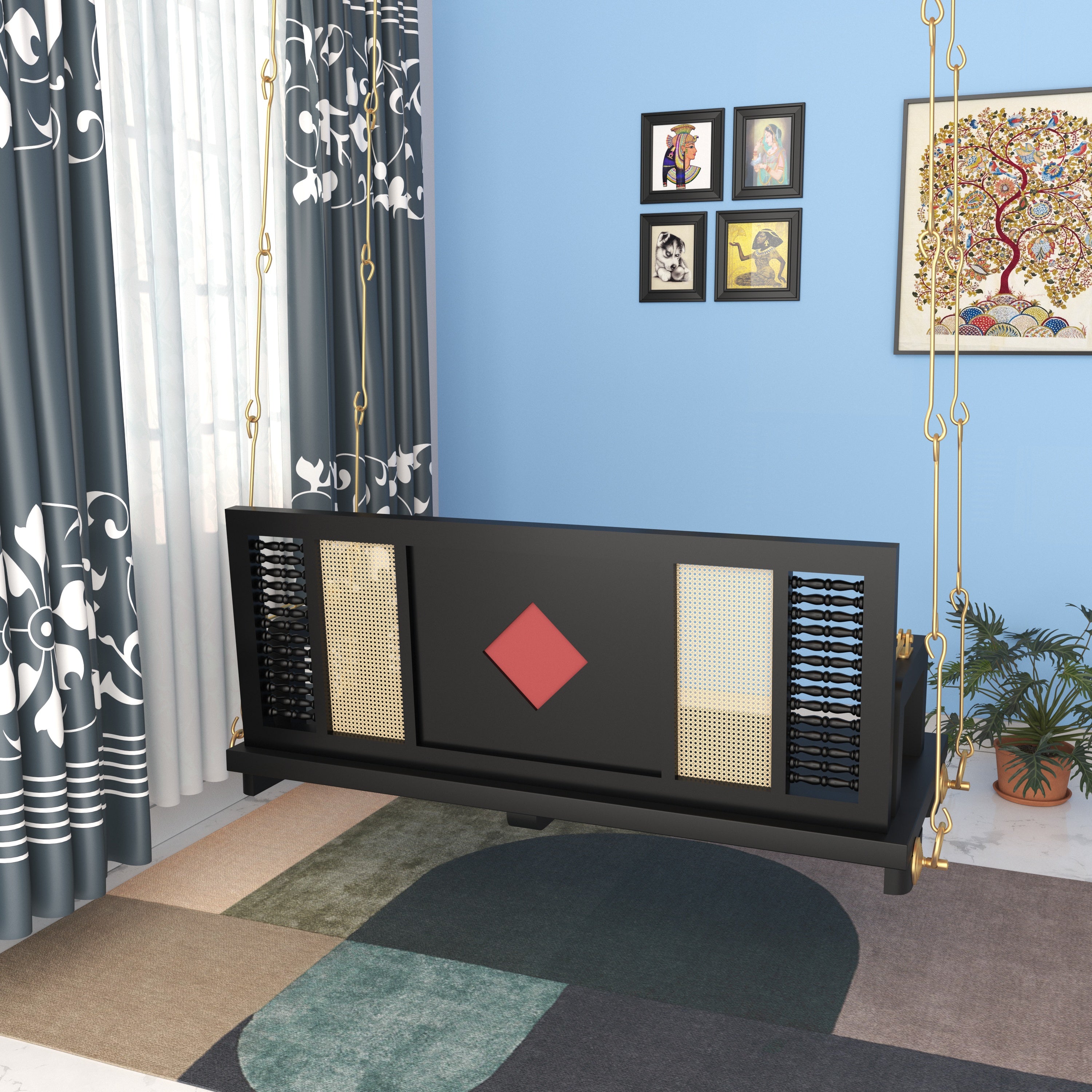 Contemporary Black Wooden Swing with Artistic Tile Inlay and Woven Panels – Indoor Jhula for Modern Homes Swing
