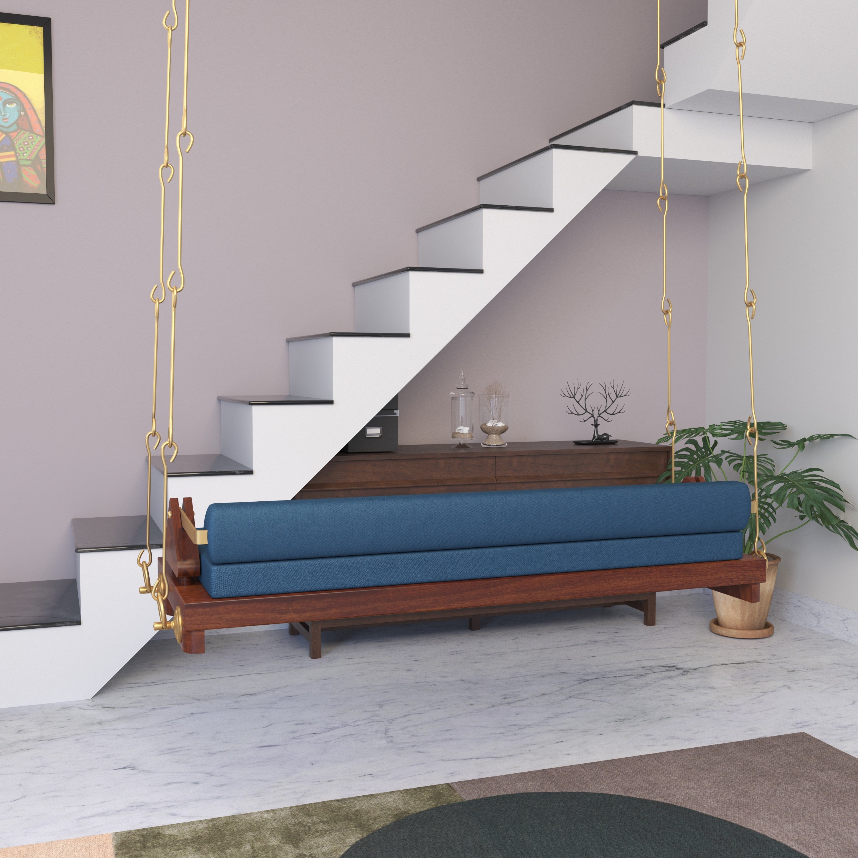 Minimalist Wooden Swing with Blue Cushions – Perfect Under Stair Jhula for Modern Interiors Swing