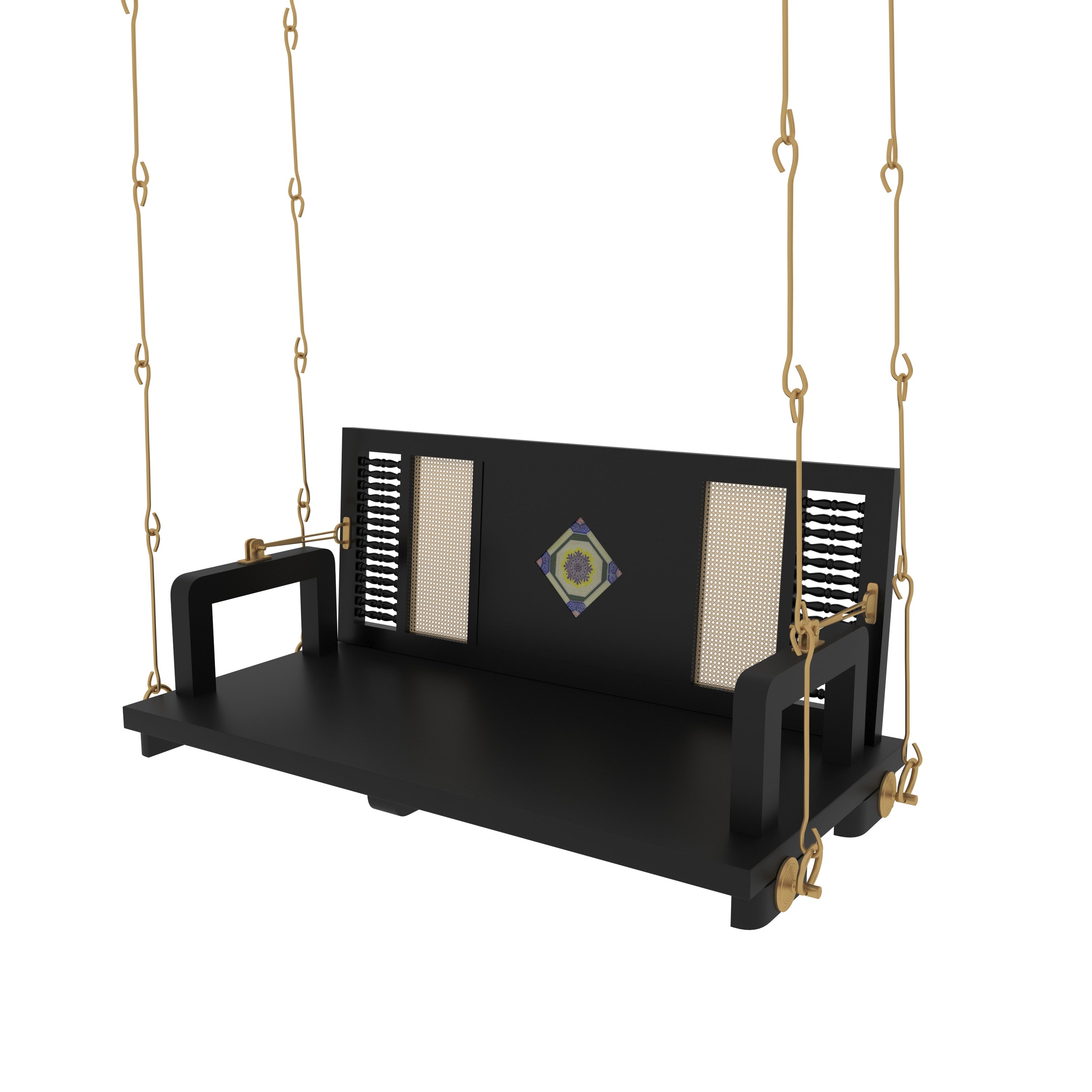 Contemporary Black Wooden Swing with Artistic Tile Inlay and Woven Panels – Indoor Jhula for Modern Homes Swing