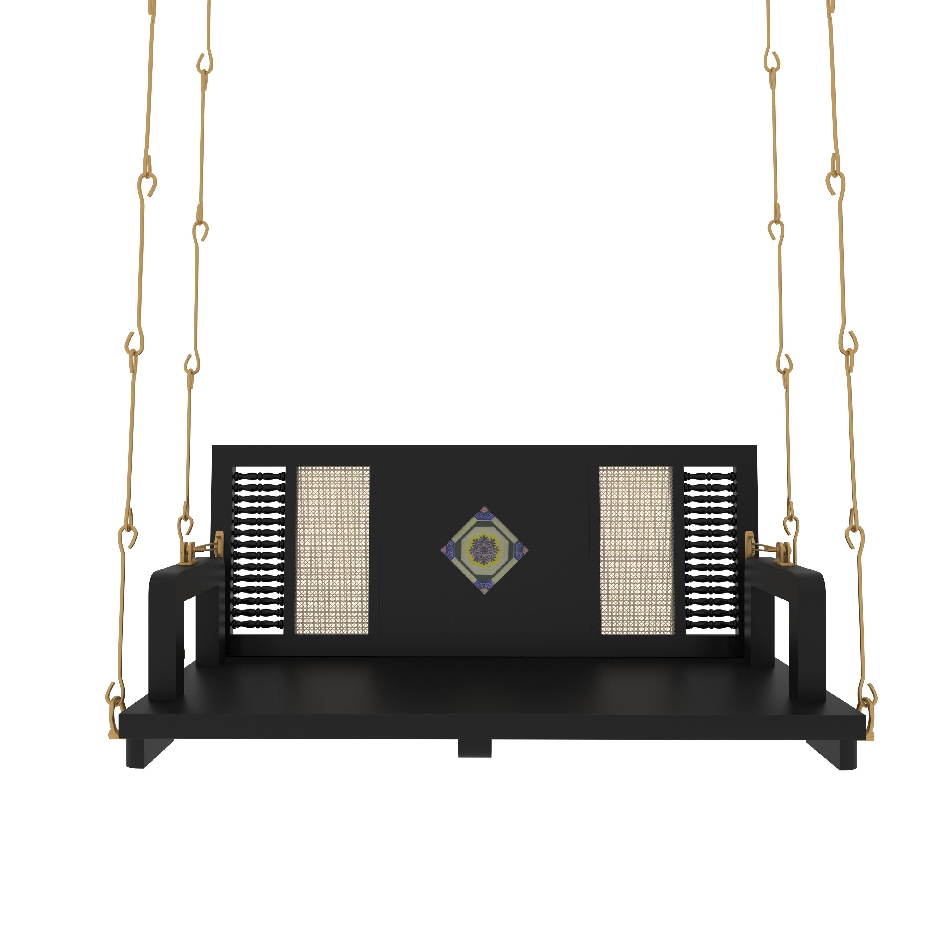 Contemporary Black Wooden Swing with Artistic Tile Inlay and Woven Panels – Indoor Jhula for Modern Homes Swing