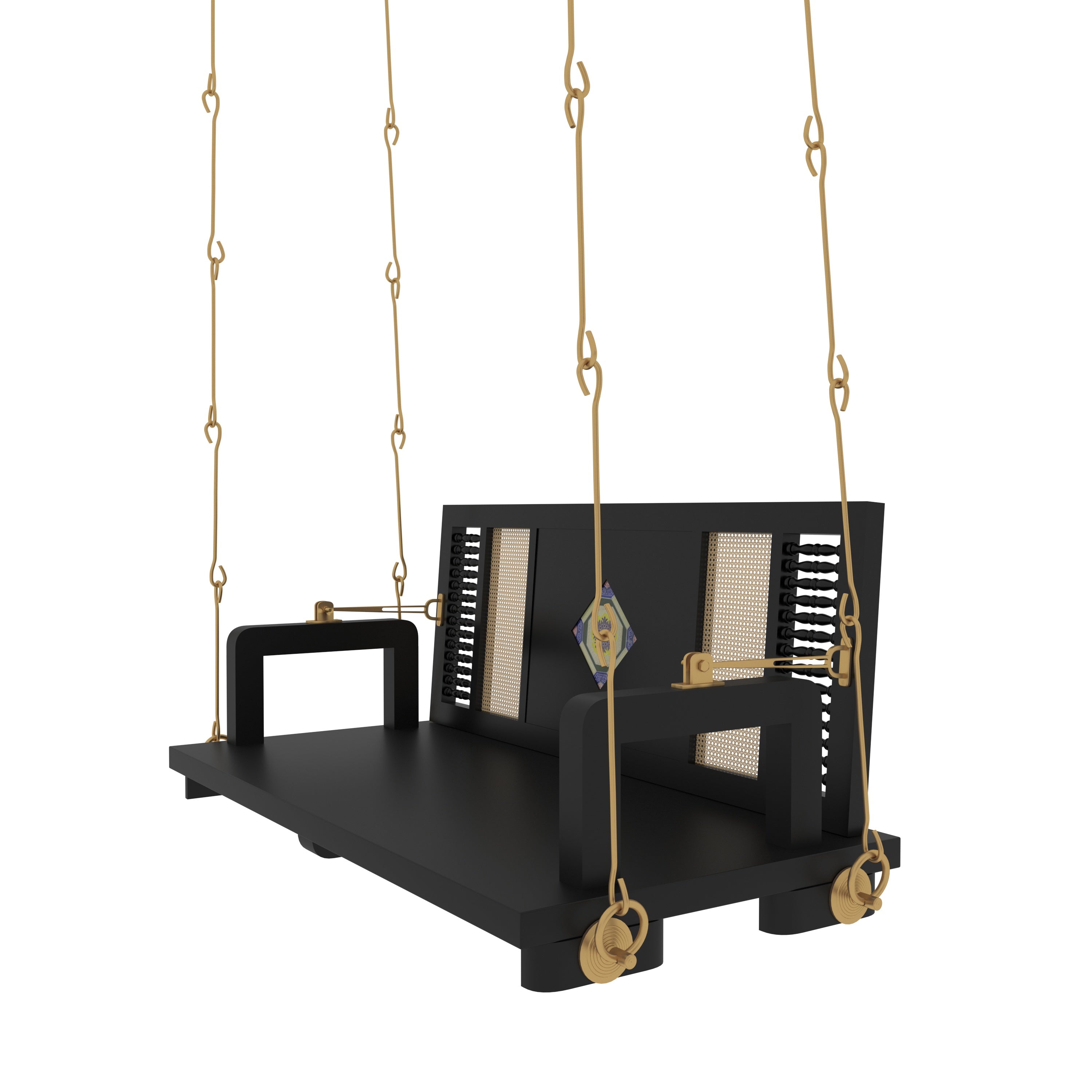 Contemporary Black Wooden Swing with Artistic Tile Inlay and Woven Panels – Indoor Jhula for Modern Homes Swing