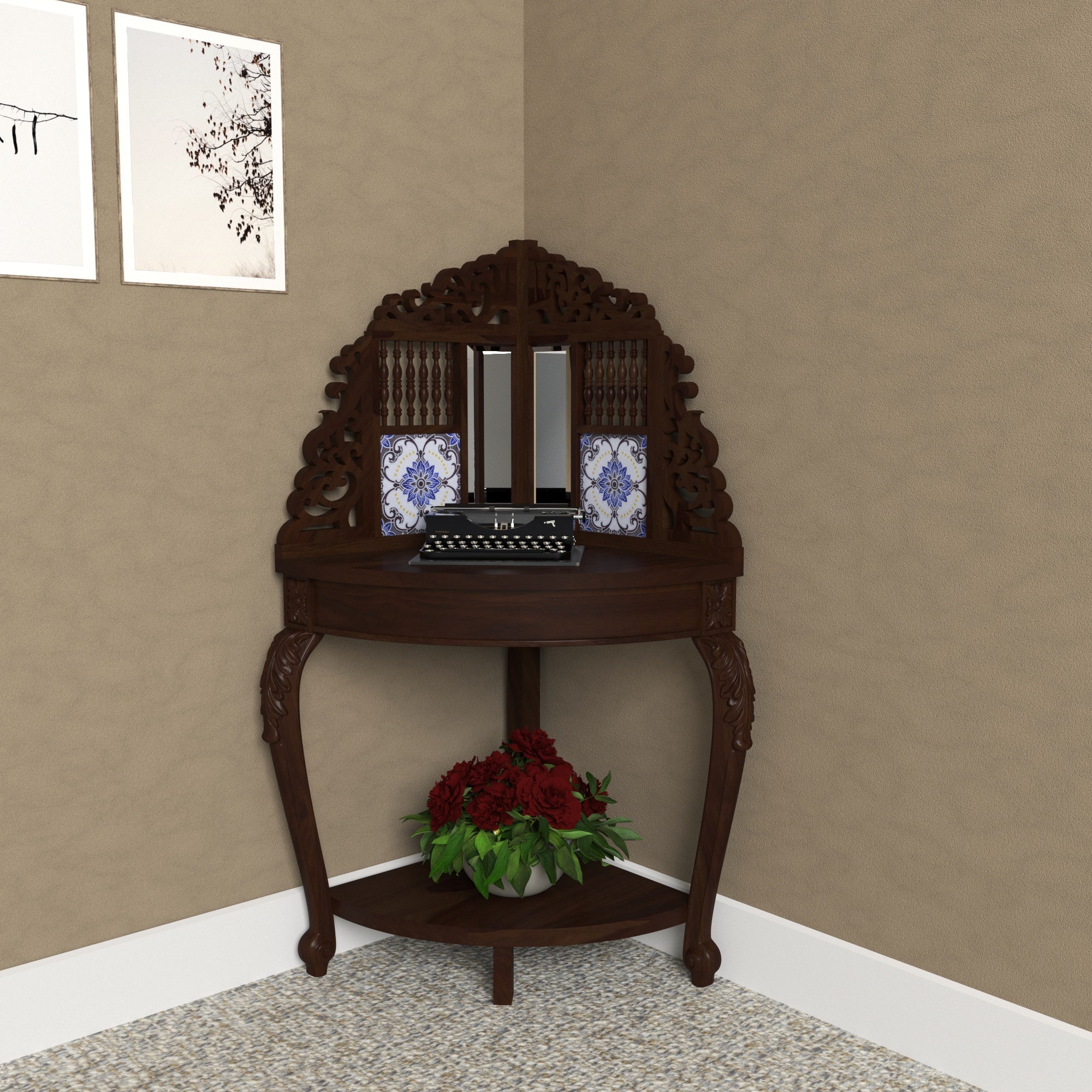 Virellano Heritage European Luxury Corner Cabinet with Ornate Carved Frame and Decorative Display Shelf End Table