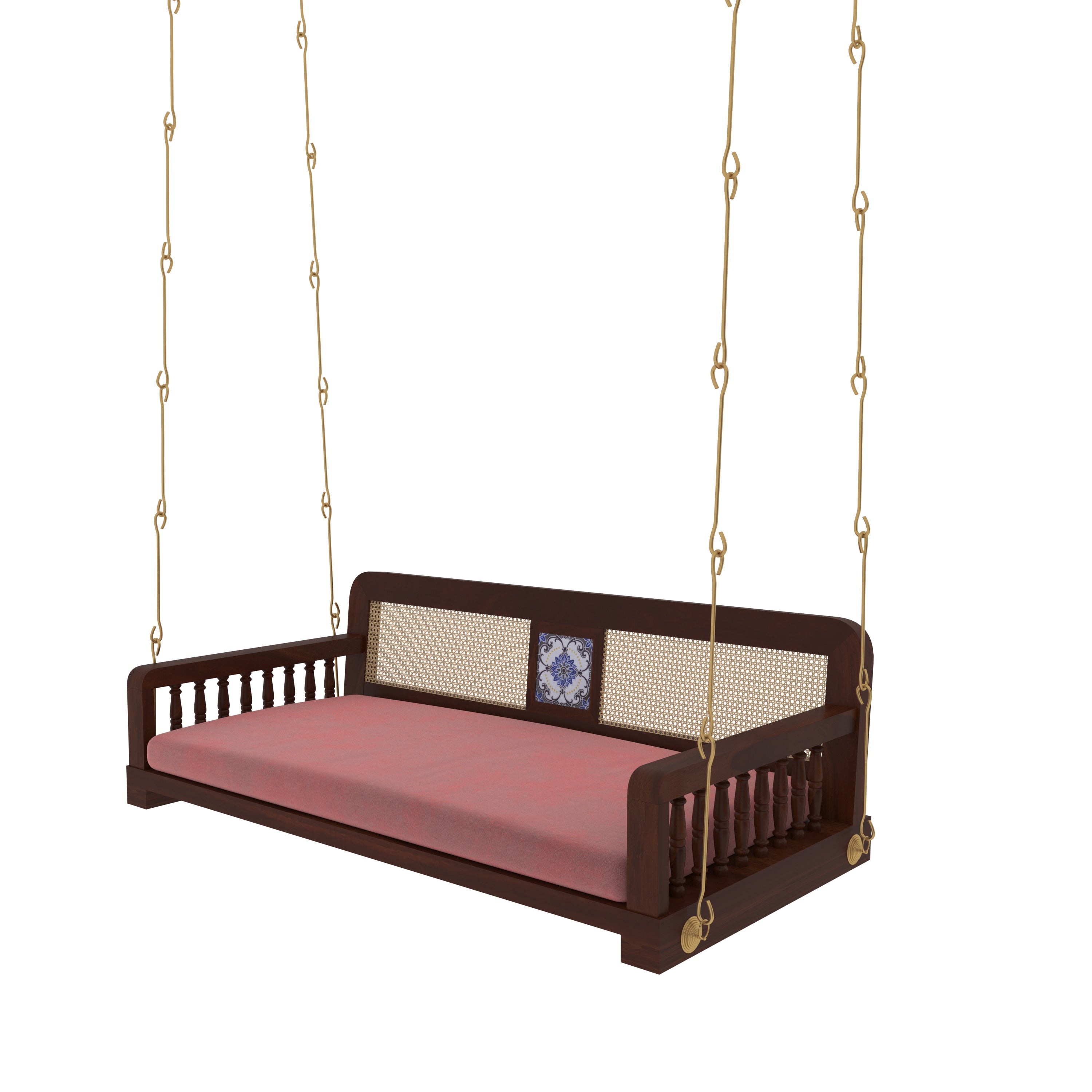 Classic Wooden Swing with Cane Backrest and Cushioned Seating – Indoor Jhula for Home Swing