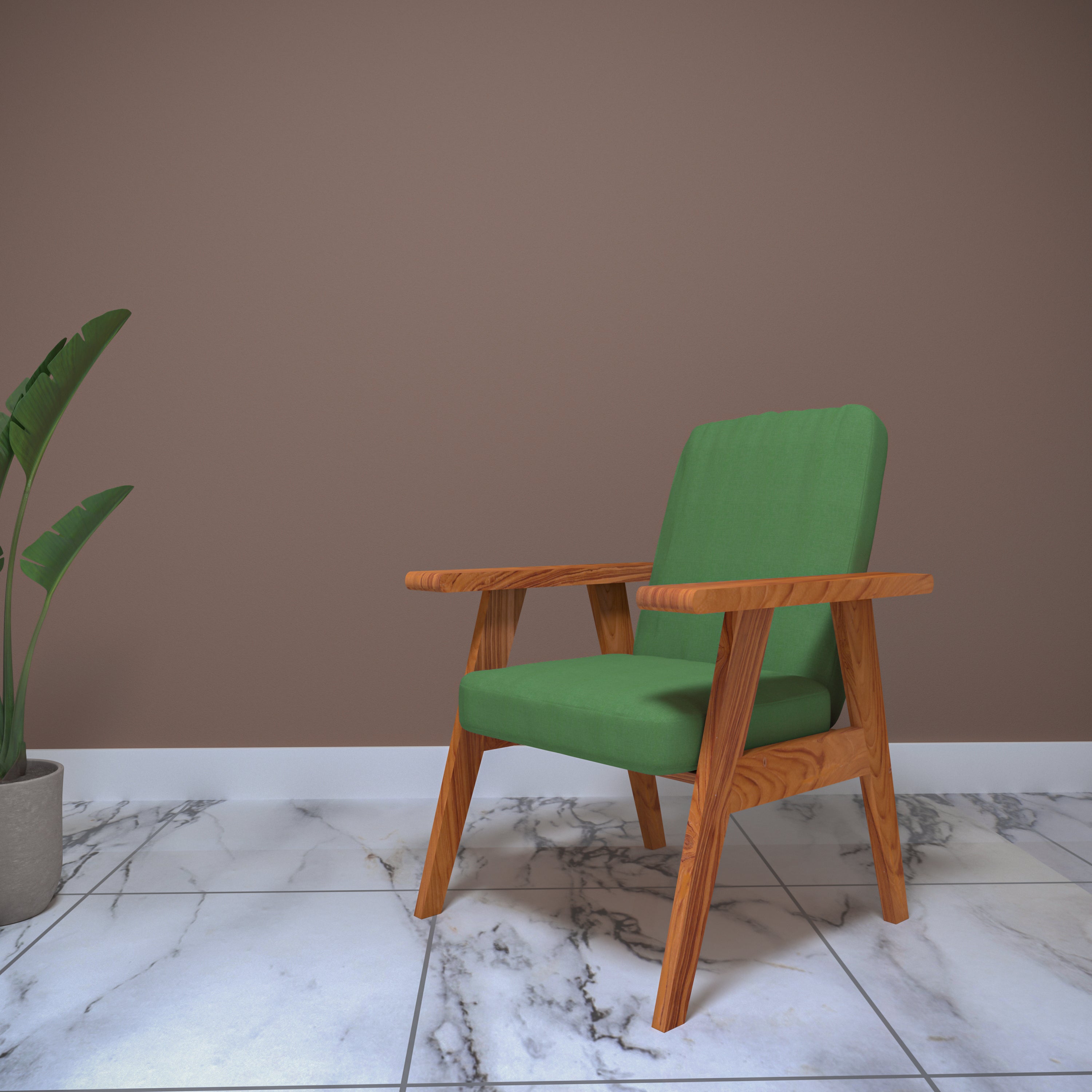 Green Upholstered Natural Teak Polish Arm Chair Arm Chair