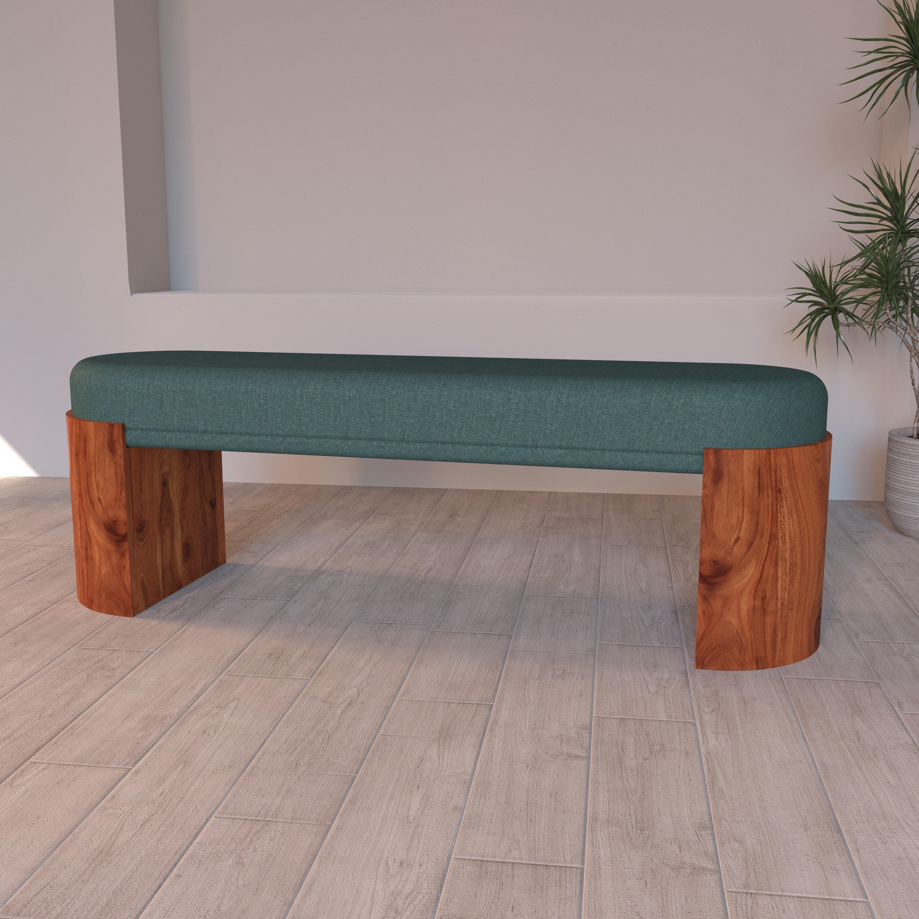 Modern Teak Wood Bench with Green Upholstered Seat – Minimalist Designer Furniture Bench