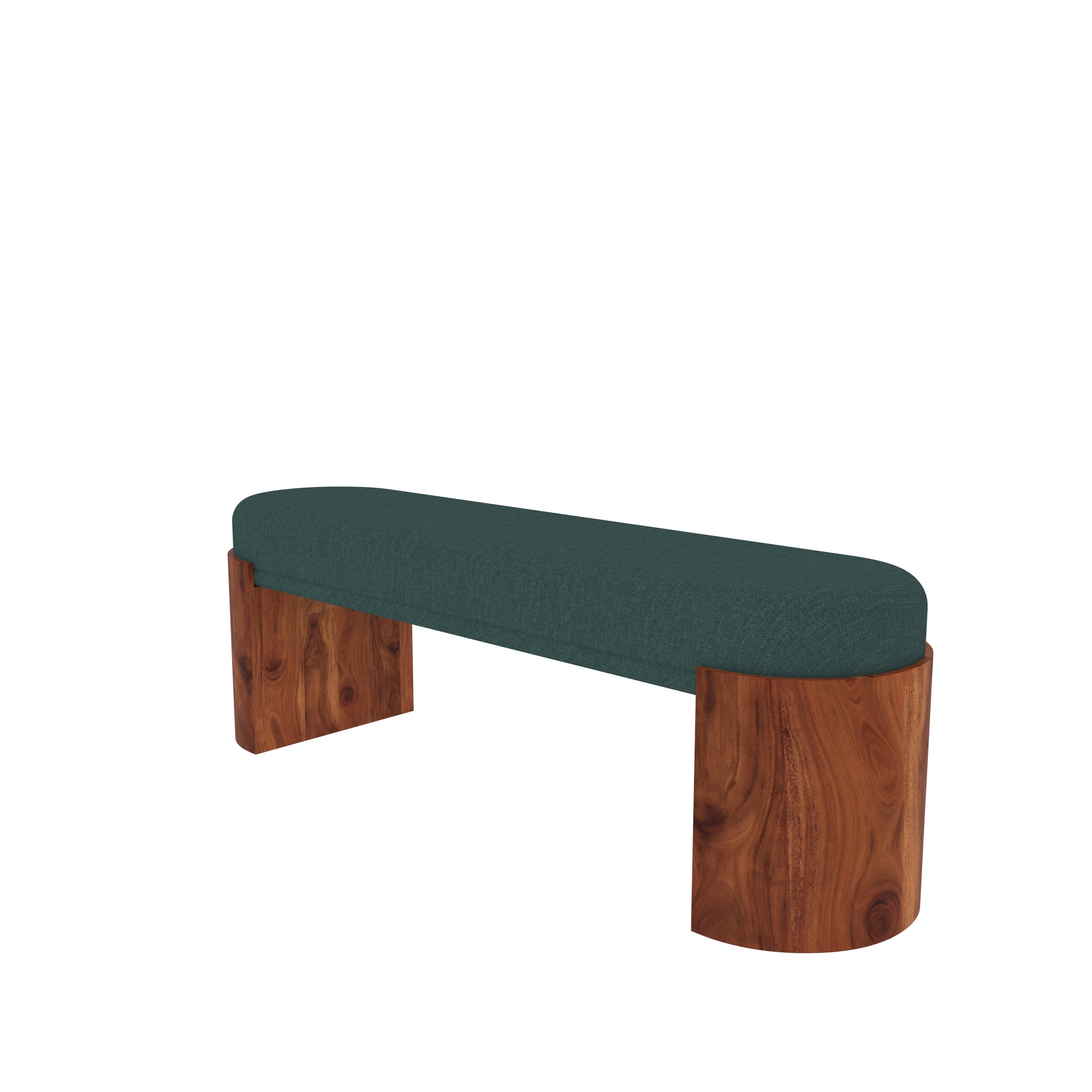 Modern Teak Wood Bench with Green Upholstered Seat – Minimalist Designer Furniture Bench