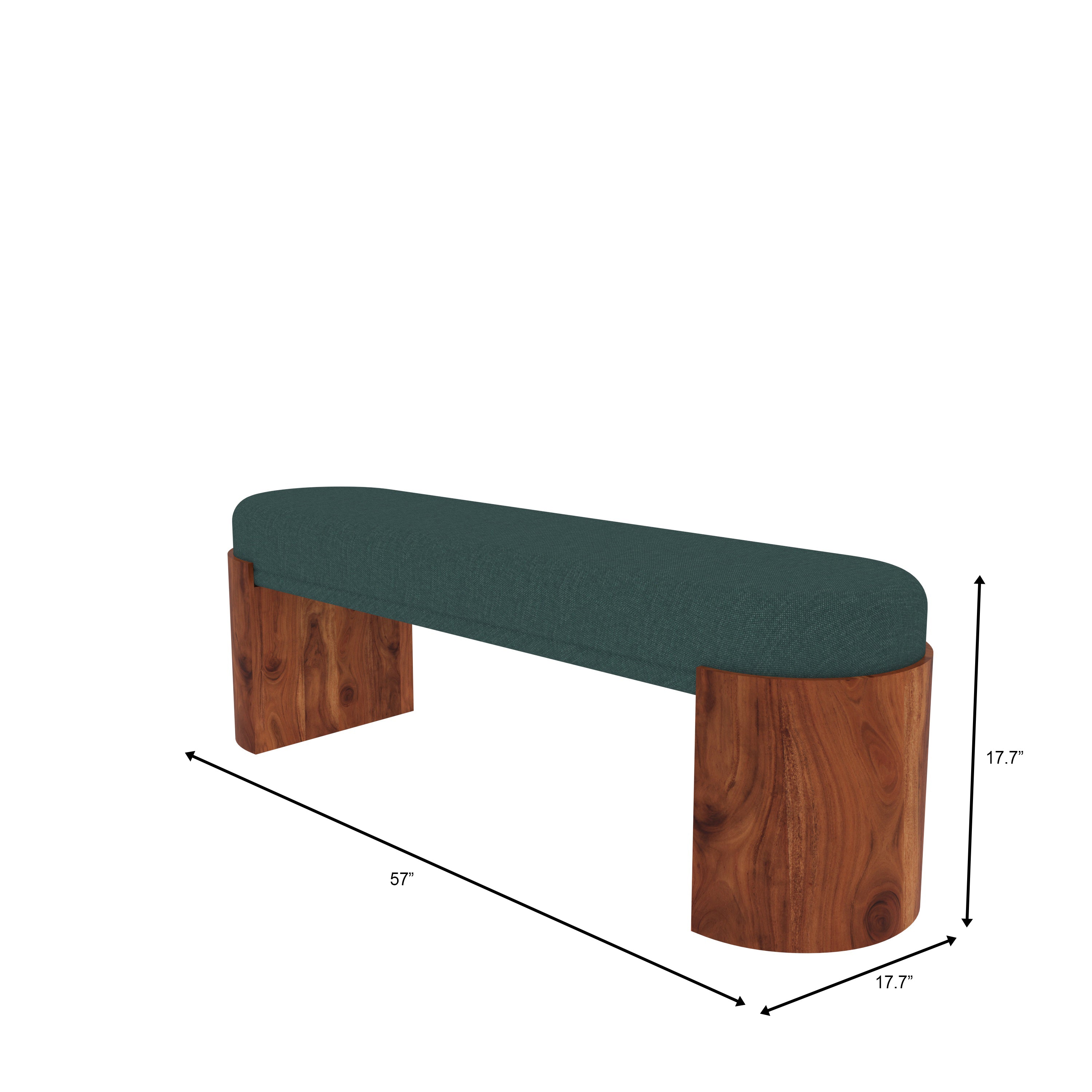 Modern Teak Wood Bench with Green Upholstered Seat – Minimalist Designer Furniture Bench