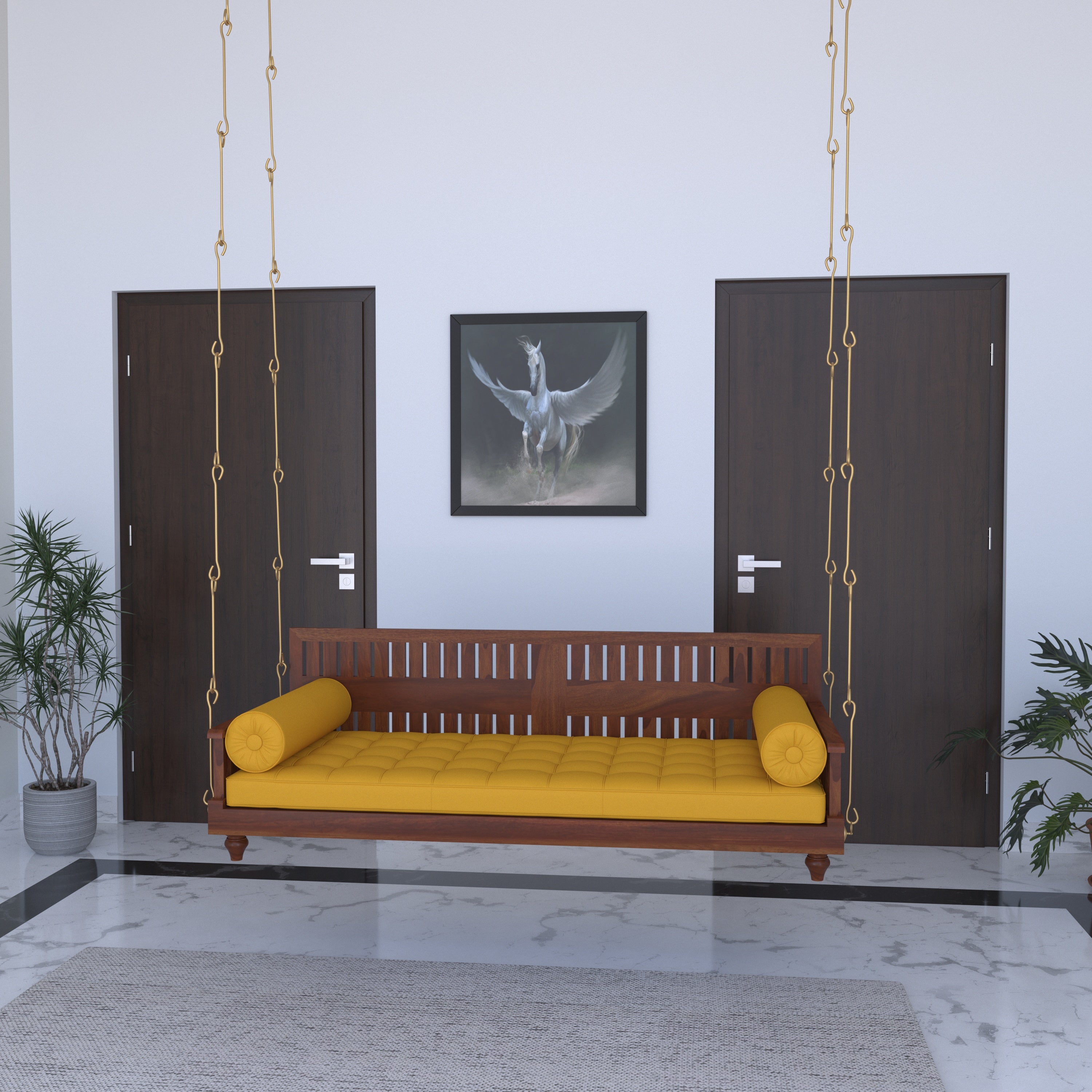 Elegant Wooden Swing with Slatted Backrest and Plush Yellow Cushion – Indoor Jhula for Modern Homes Swing