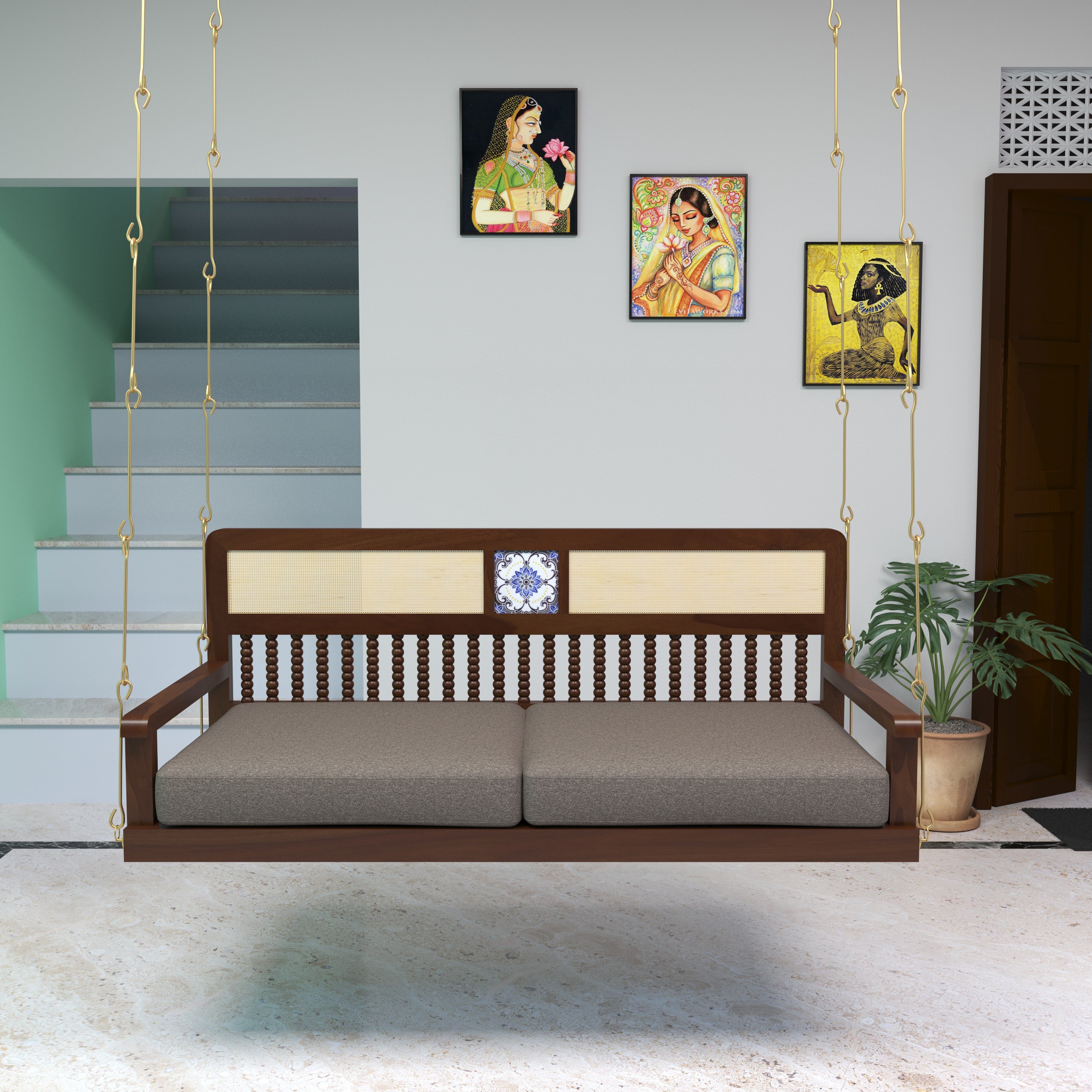 Classic Wooden Swing with Cushioned Comfort and Traditional Detailing Swing
