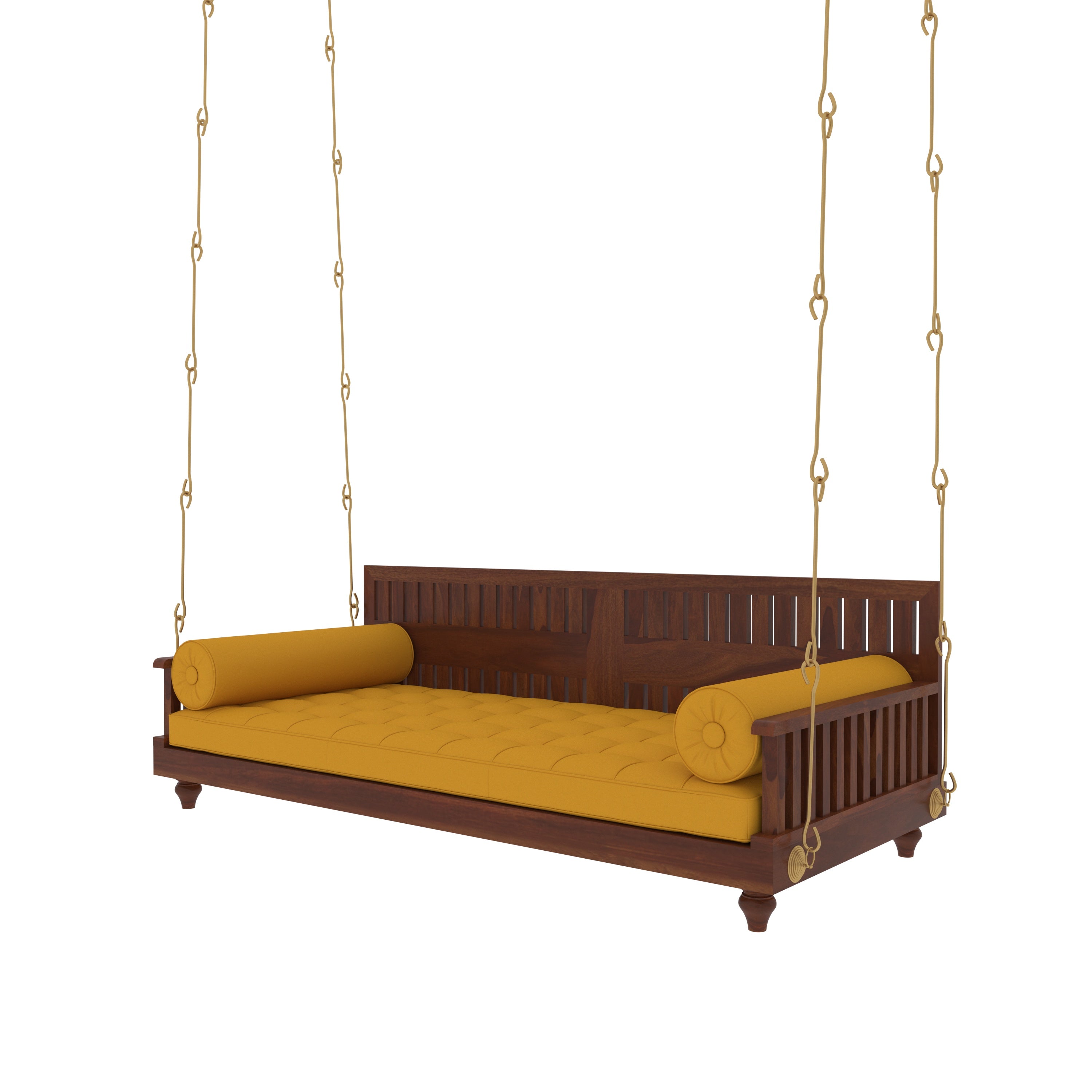 Elegant Wooden Swing with Slatted Backrest and Plush Yellow Cushion – Indoor Jhula for Modern Homes Swing