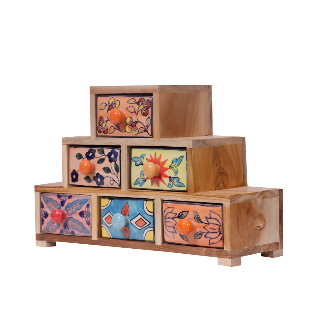 Pyramid concept teak wood ceramic drawer chest Desk Organizer