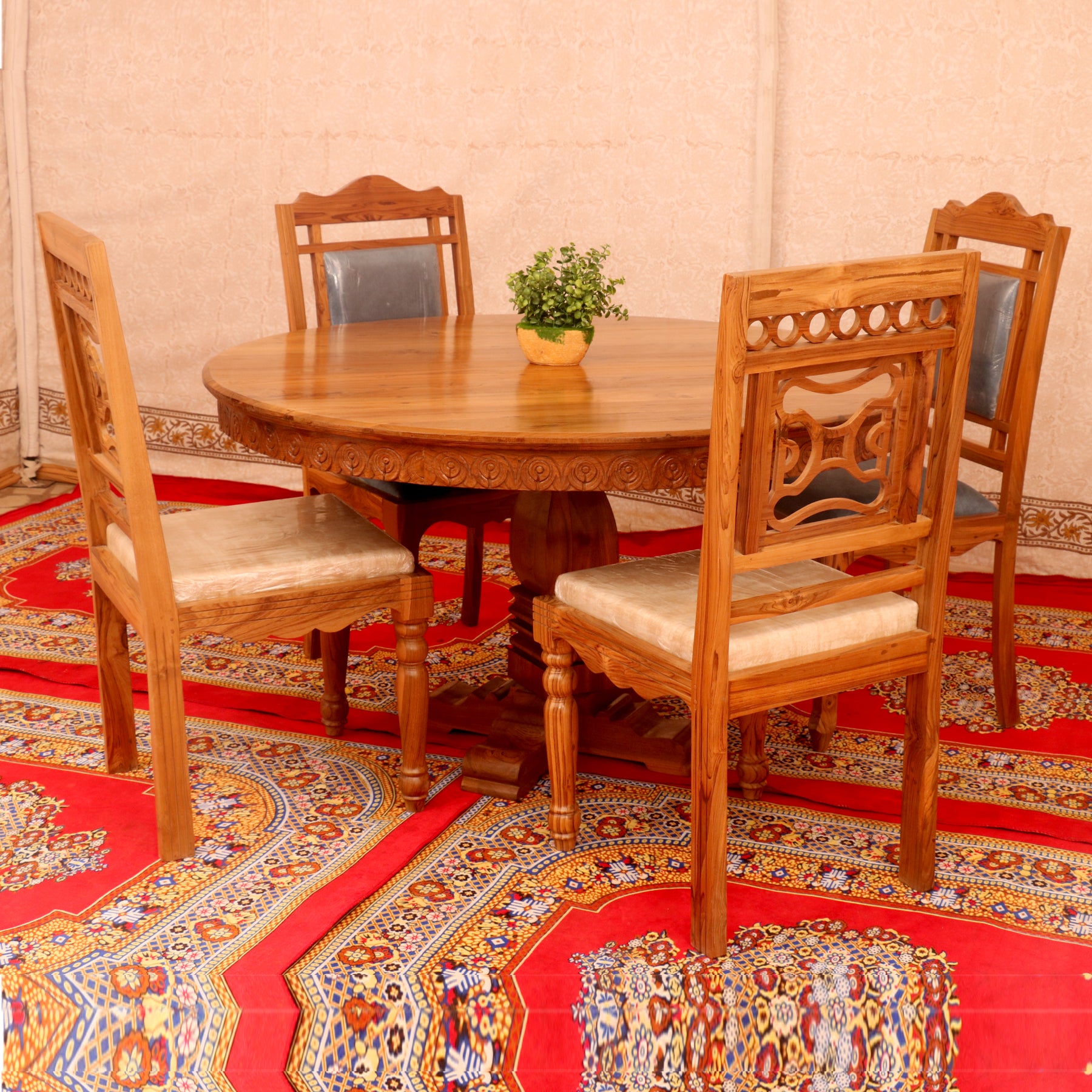 Teak wood Rounded carving Table Dining Table