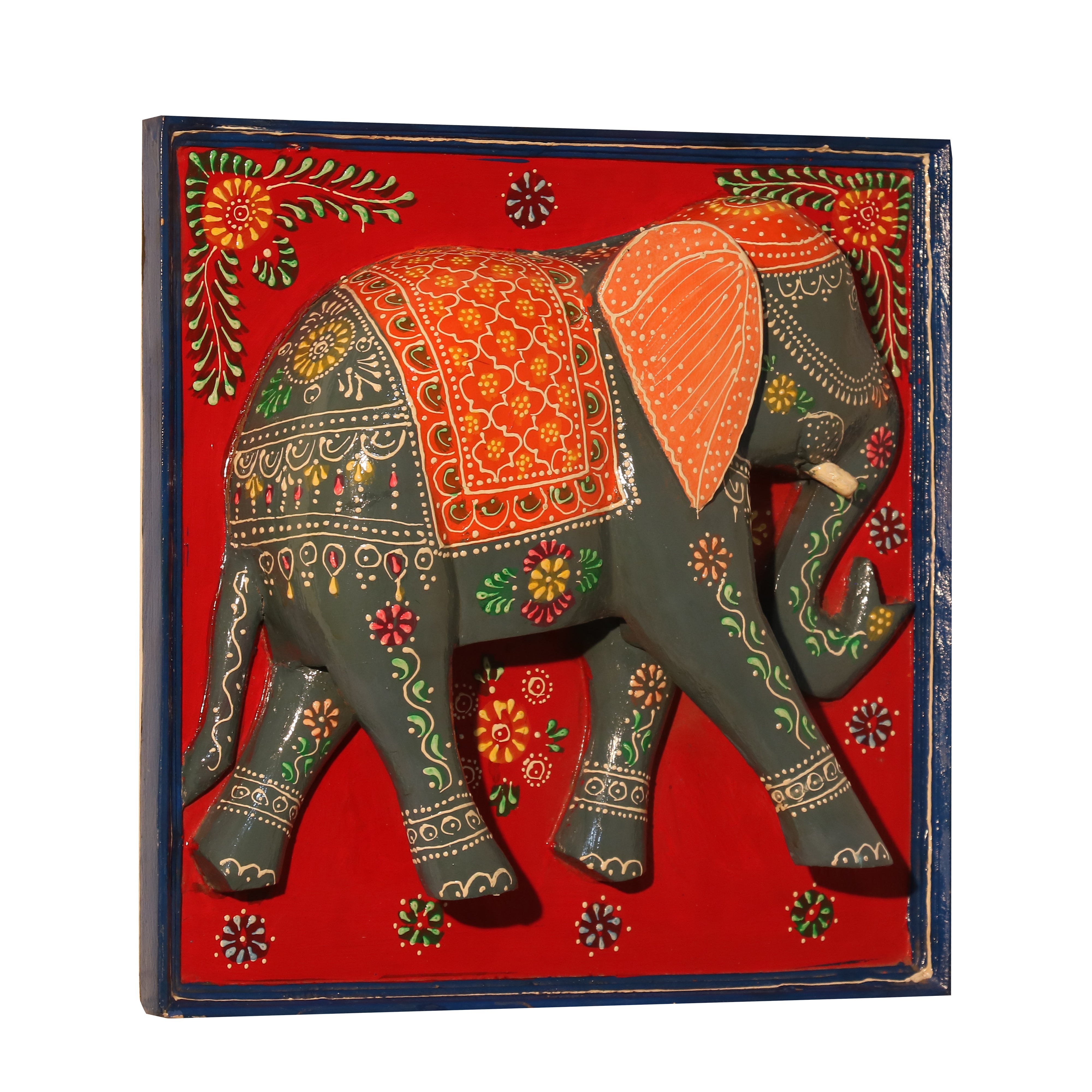 Elegant Wooden Elephant Frame Green Orange Wall Decor