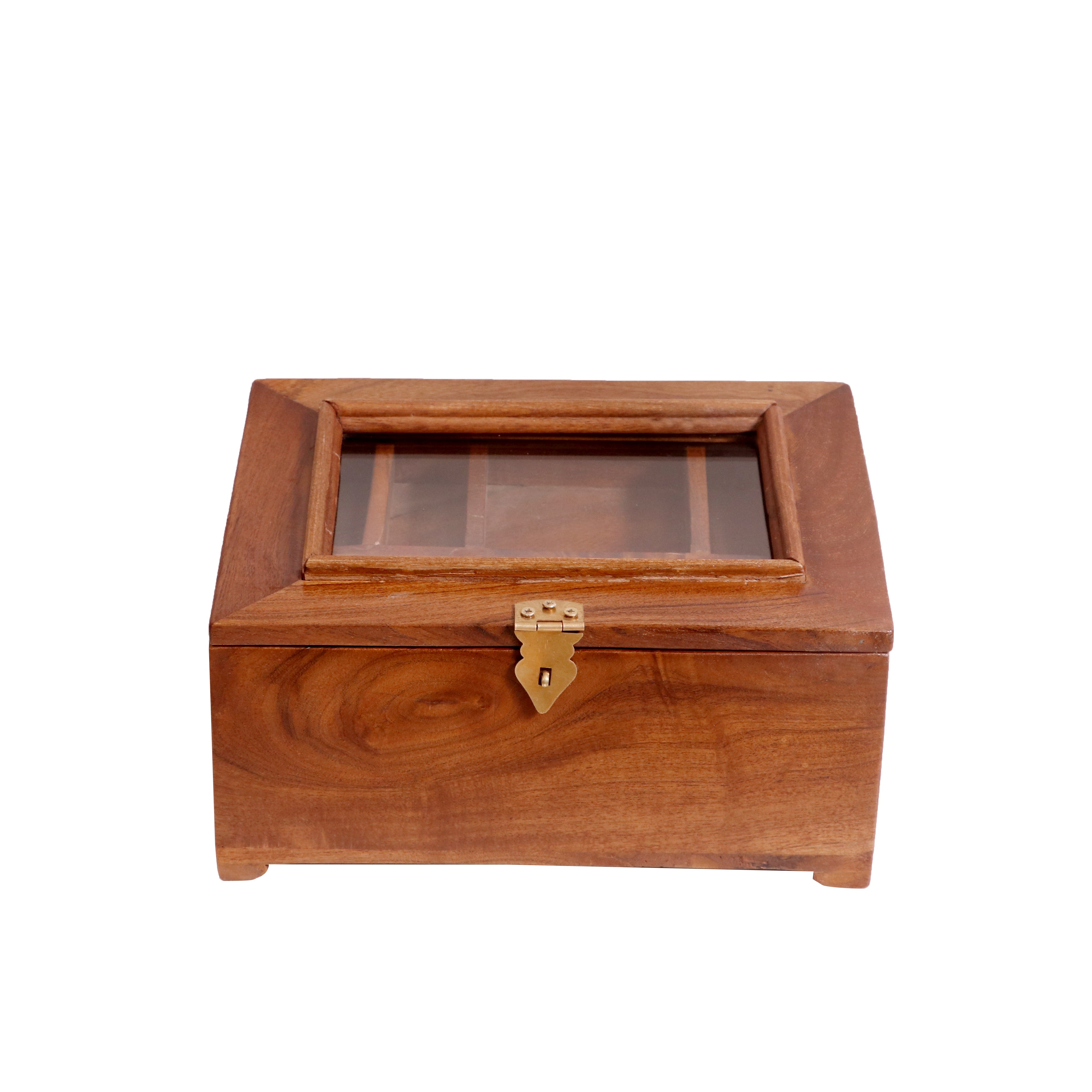 Multi compartment Solid wood glass lid removable Tray Wooden Box