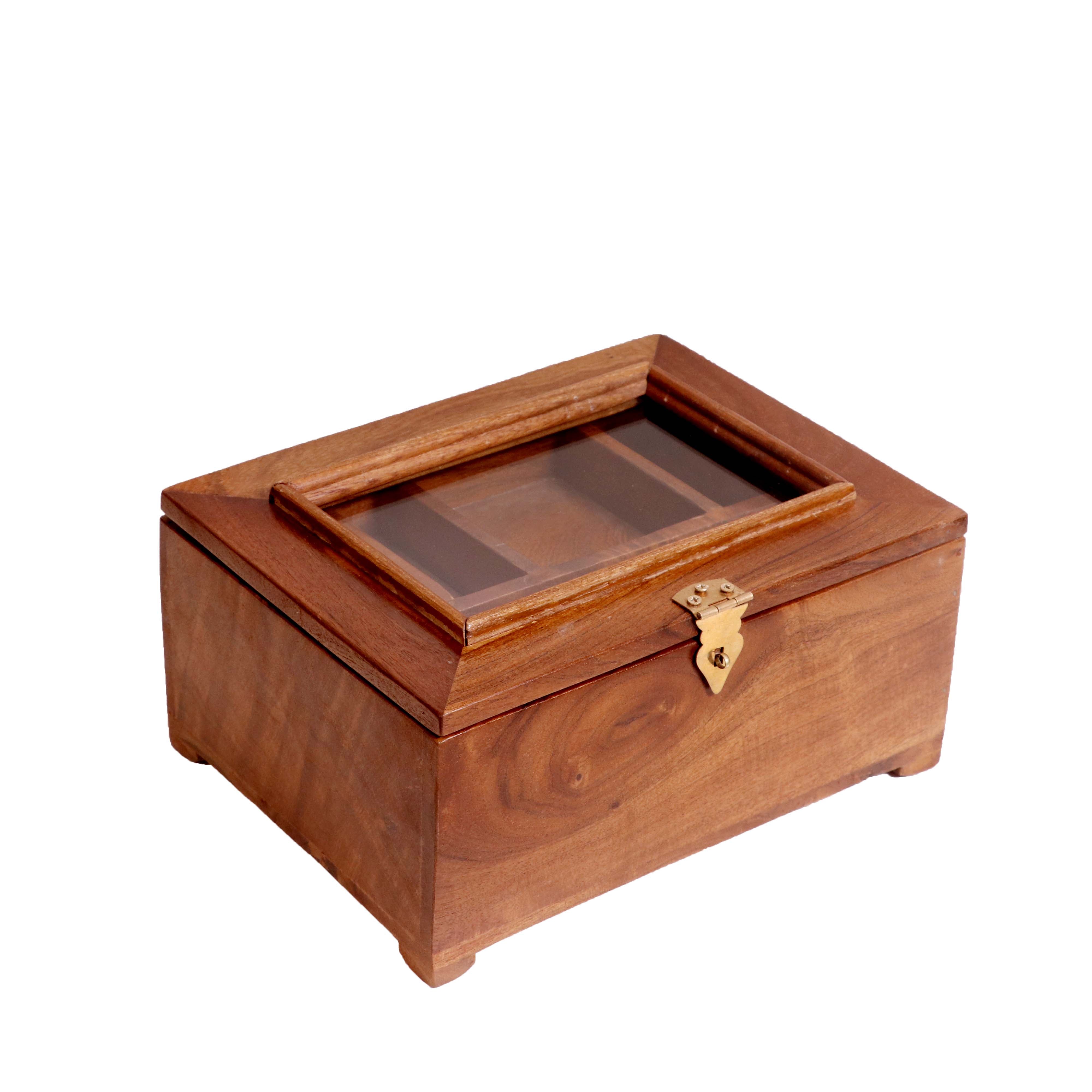 Multi compartment Solid wood glass lid removable Tray Wooden Box