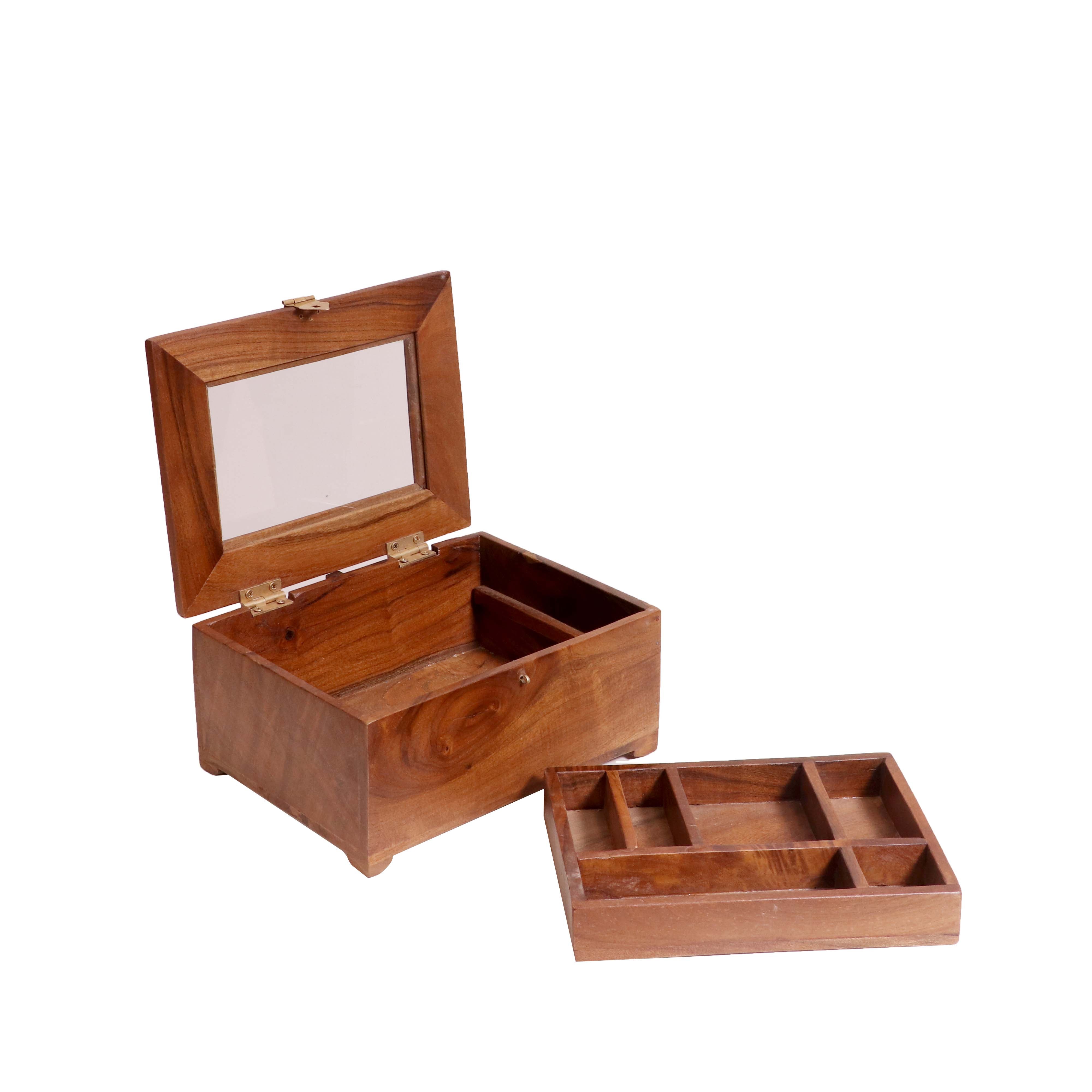 Multi compartment Solid wood glass lid removable Tray Wooden Box