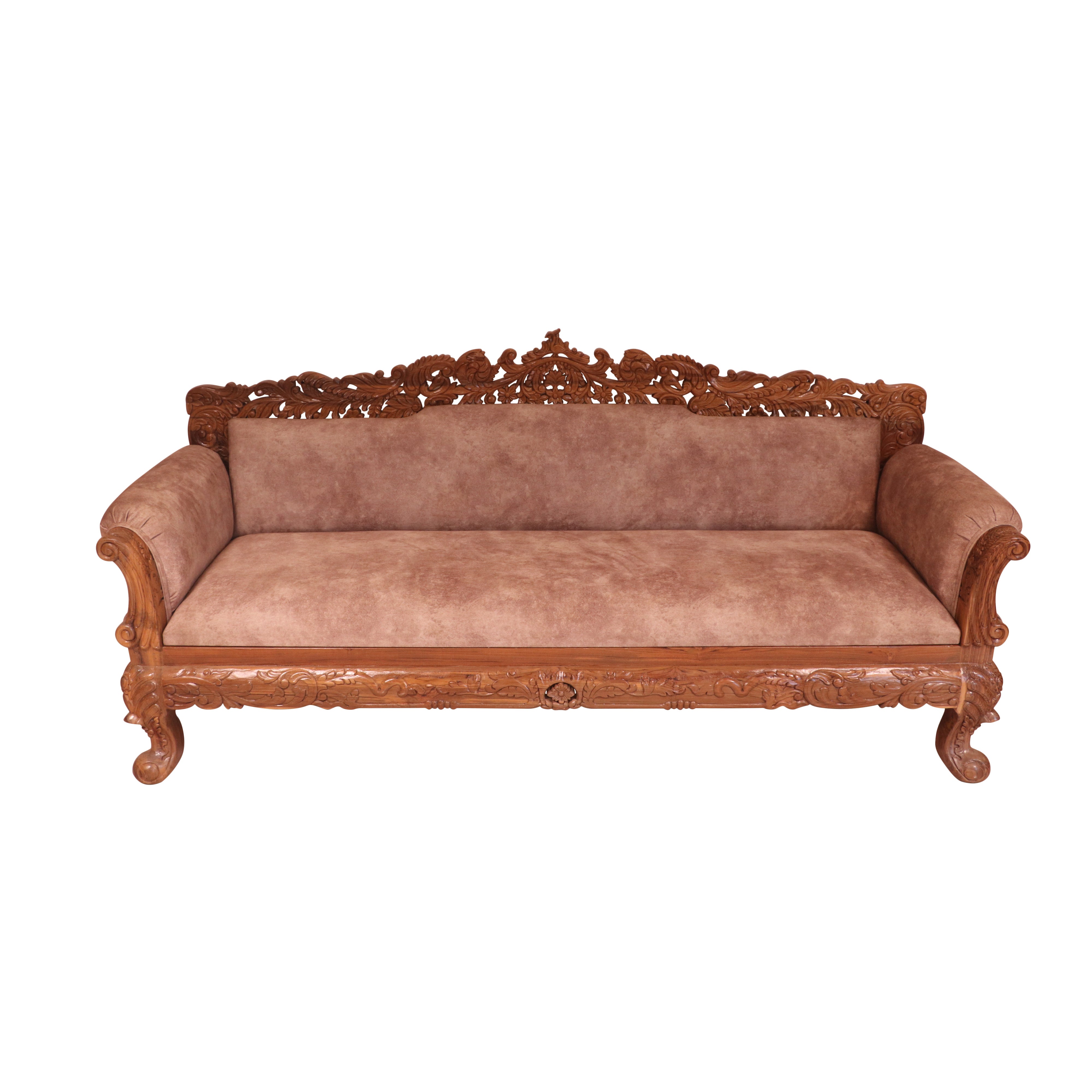 Light finish Royal Carved Teak wood 3 Seater Sofa Sofa
