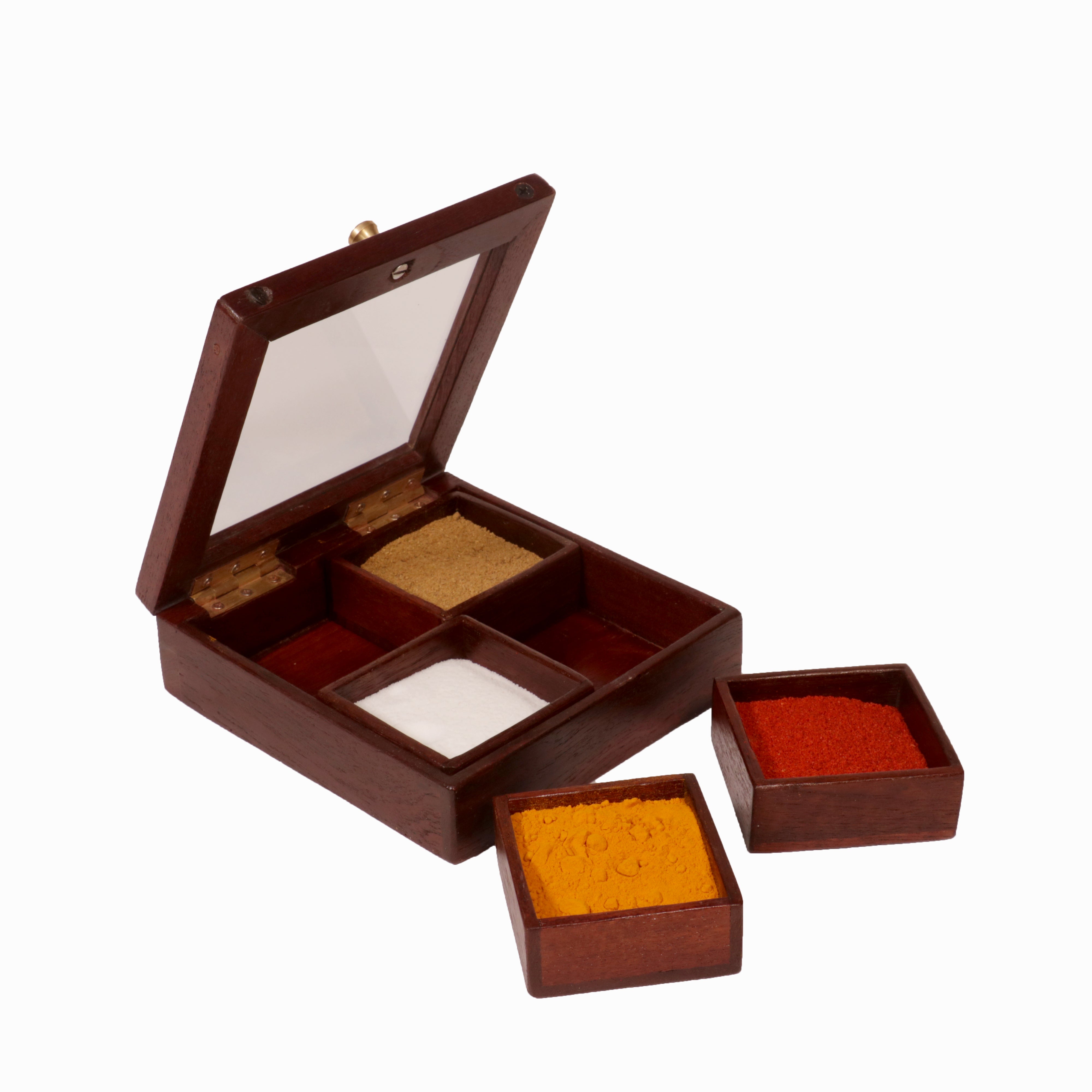Solid Indian Teak wood Masala Box Small (7.5 x 7.5 x 2.5 Inch) Wooden Box
