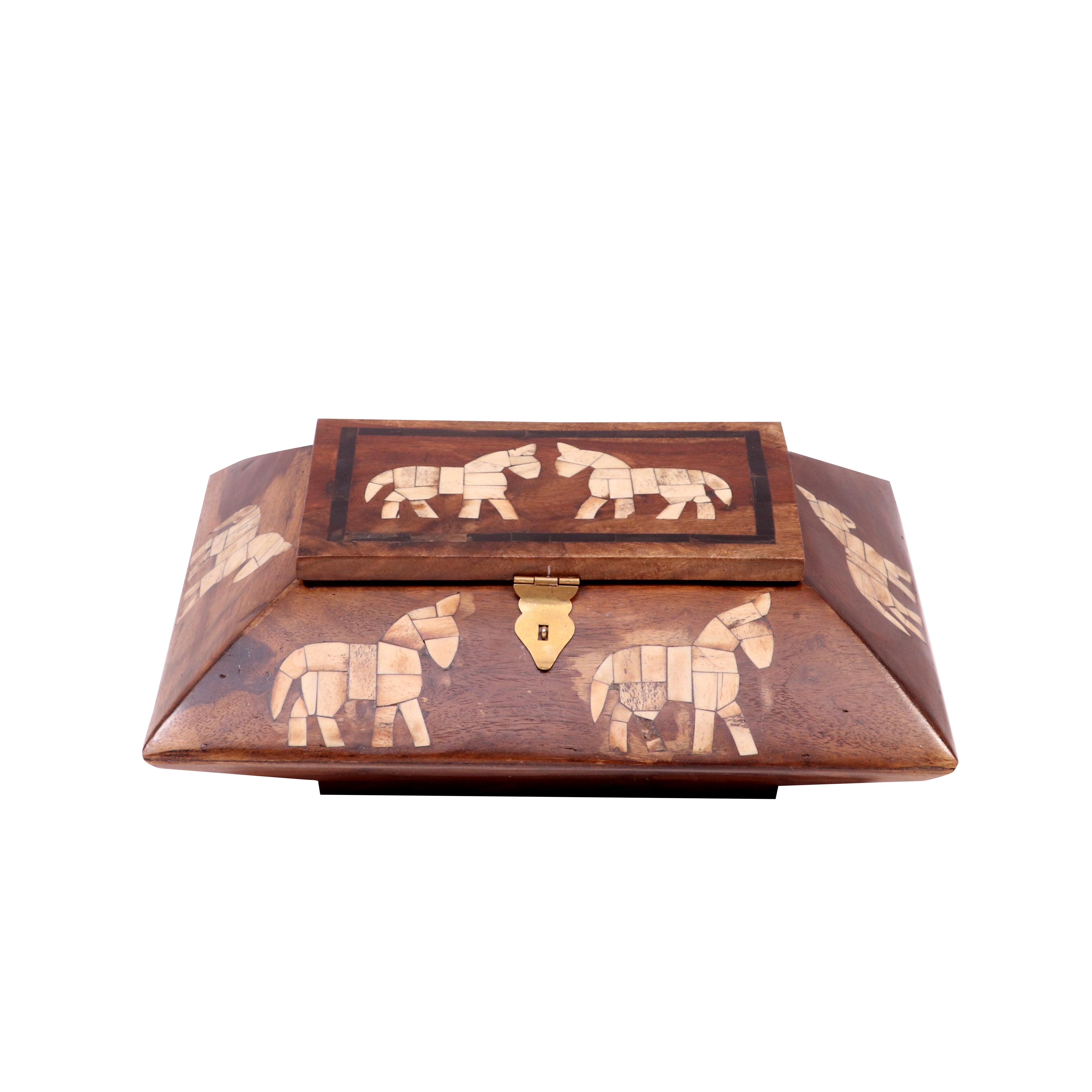 Vintage Inlay Horse Designed Wooden Handmade Diamond Shaped Box Wooden Box