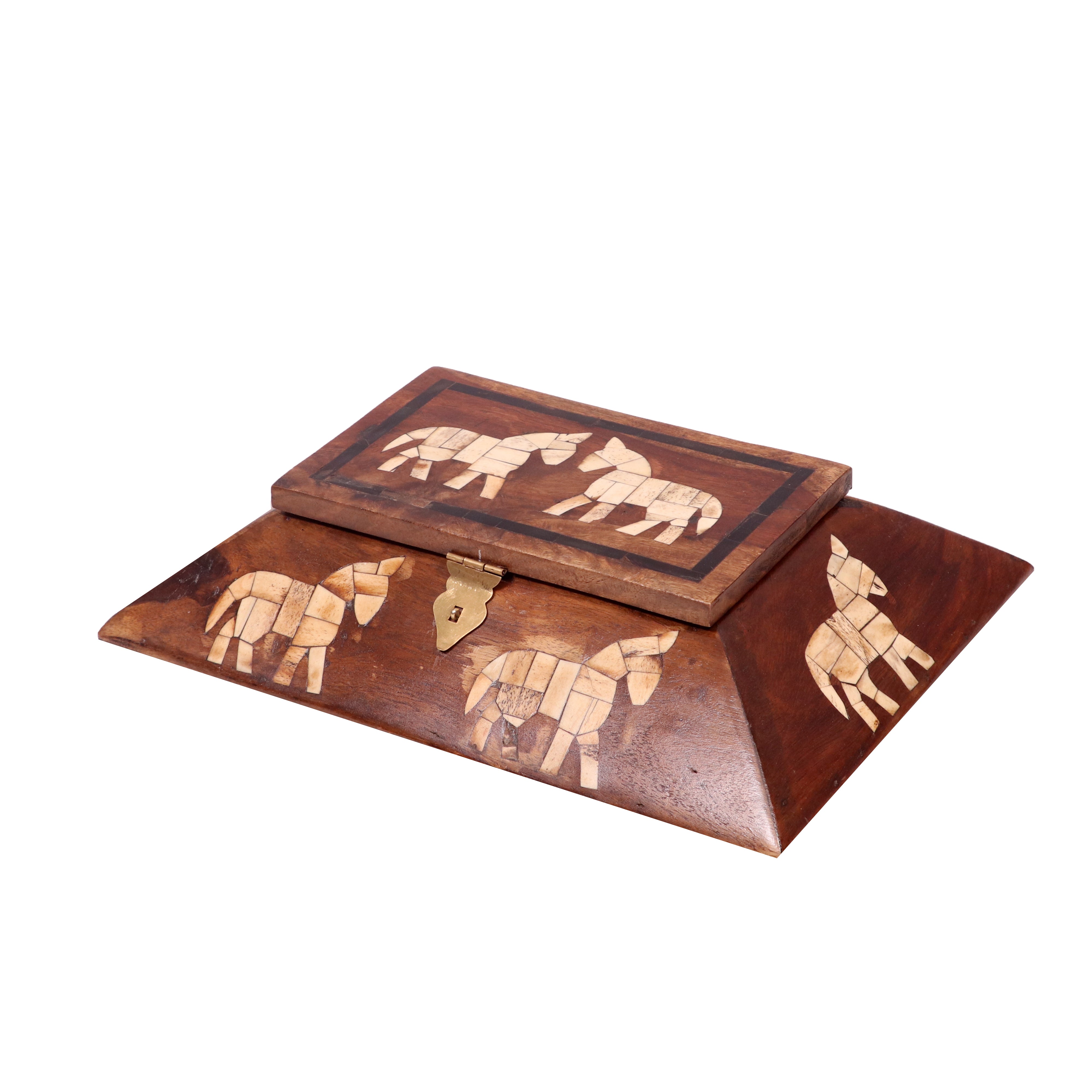 Vintage Inlay Horse Designed Wooden Handmade Diamond Shaped Box Wooden Box